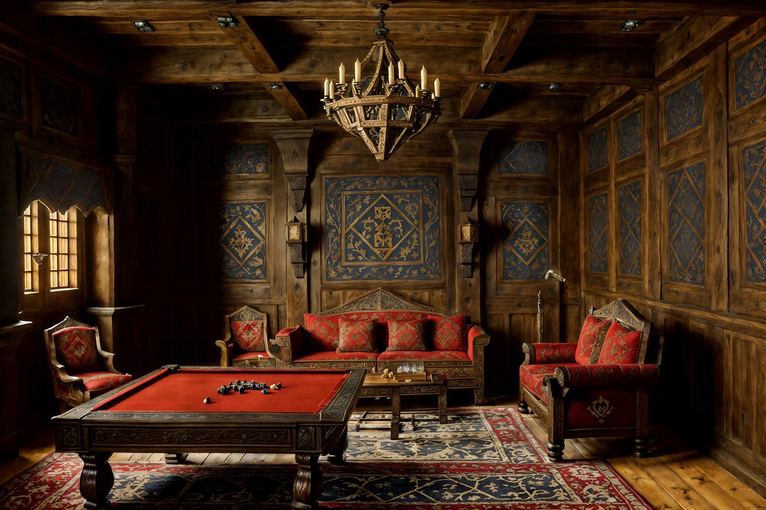 medieval-style (gaming room interior) . with castle interior and heavy furniture pieces and castle interior and stone walls and upholstery on chairs and sofas and deep colors like red, gold, or blue and intricate wooden inlay designs and carvings and timber walls. . cinematic photo, highly detailed, cinematic lighting, ultra-detailed, ultrarealistic, photorealism, 8k. medieval interior design style. masterpiece, cinematic light, ultrarealistic+, photorealistic+, 8k, raw photo, realistic, sharp focus on eyes, (symmetrical eyes), (intact eyes), hyperrealistic, highest quality, best quality, , highly detailed, masterpiece, best quality, extremely detailed 8k wallpaper, masterpiece, best quality, ultra-detailed, best shadow, detailed background, detailed face, detailed eyes, high contrast, best illumination, detailed face, dulux, caustic, dynamic angle, detailed glow. dramatic lighting. highly detailed, insanely detailed hair, symmetrical, intricate details, professionally retouched, 8k high definition. strong bokeh. award winning photo.