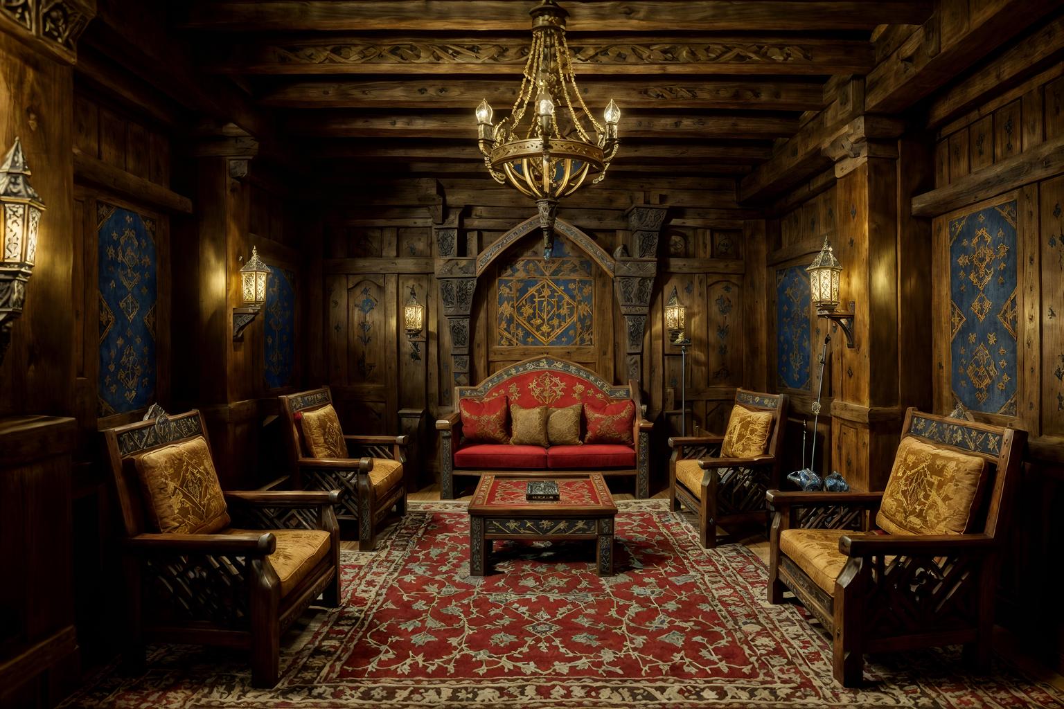 medieval-style (gaming room interior) . with castle interior and heavy furniture pieces and castle interior and stone walls and upholstery on chairs and sofas and deep colors like red, gold, or blue and intricate wooden inlay designs and carvings and timber walls. . cinematic photo, highly detailed, cinematic lighting, ultra-detailed, ultrarealistic, photorealism, 8k. medieval interior design style. masterpiece, cinematic light, ultrarealistic+, photorealistic+, 8k, raw photo, realistic, sharp focus on eyes, (symmetrical eyes), (intact eyes), hyperrealistic, highest quality, best quality, , highly detailed, masterpiece, best quality, extremely detailed 8k wallpaper, masterpiece, best quality, ultra-detailed, best shadow, detailed background, detailed face, detailed eyes, high contrast, best illumination, detailed face, dulux, caustic, dynamic angle, detailed glow. dramatic lighting. highly detailed, insanely detailed hair, symmetrical, intricate details, professionally retouched, 8k high definition. strong bokeh. award winning photo.