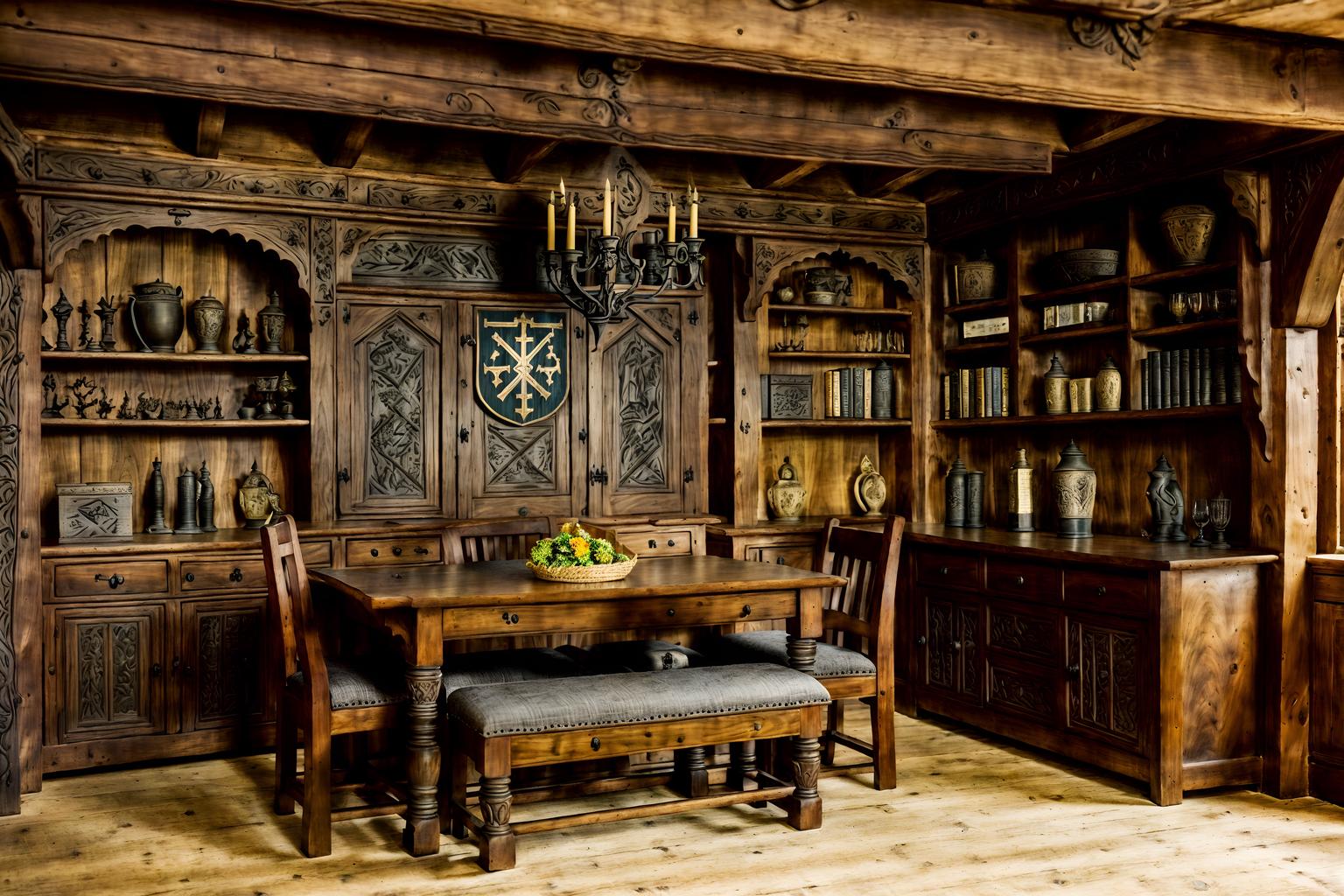 medieval-style (drop zone interior) with high up storage and cubbies and cabinets and storage baskets and storage drawers and a bench and lockers and shelves for shoes. . with carved wooden tables and heavy furniture pieces and medieval shields on the wall and upholstery on chairs and sofas and carved wooden benches and timber beams and gothic appearance and velvet, chenille, damask, and brocade draperies and fabrics. . cinematic photo, highly detailed, cinematic lighting, ultra-detailed, ultrarealistic, photorealism, 8k. medieval interior design style. masterpiece, cinematic light, ultrarealistic+, photorealistic+, 8k, raw photo, realistic, sharp focus on eyes, (symmetrical eyes), (intact eyes), hyperrealistic, highest quality, best quality, , highly detailed, masterpiece, best quality, extremely detailed 8k wallpaper, masterpiece, best quality, ultra-detailed, best shadow, detailed background, detailed face, detailed eyes, high contrast, best illumination, detailed face, dulux, caustic, dynamic angle, detailed glow. dramatic lighting. highly detailed, insanely detailed hair, symmetrical, intricate details, professionally retouched, 8k high definition. strong bokeh. award winning photo.