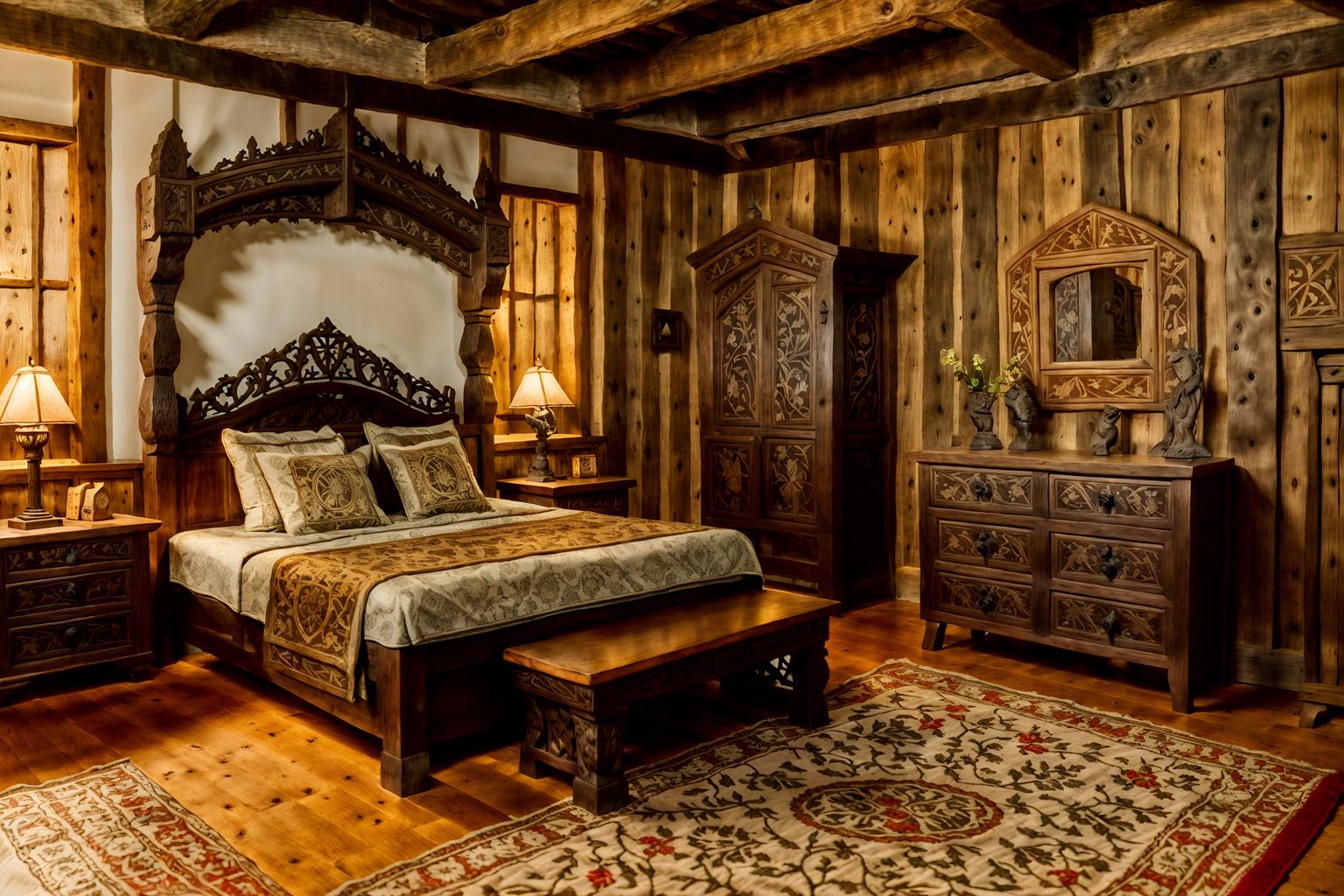 medieval-style (kids room interior) with storage bench or ottoman and dresser closet and bed and bedside table or night stand and headboard and plant and night light and mirror. . with castle interior and carved wooden tables and carved wooden benches and medieval shields on the wall and stone or wooden floor and stone walls and intricate wooden inlay designs and carvings and timber beams. . cinematic photo, highly detailed, cinematic lighting, ultra-detailed, ultrarealistic, photorealism, 8k. medieval interior design style. masterpiece, cinematic light, ultrarealistic+, photorealistic+, 8k, raw photo, realistic, sharp focus on eyes, (symmetrical eyes), (intact eyes), hyperrealistic, highest quality, best quality, , highly detailed, masterpiece, best quality, extremely detailed 8k wallpaper, masterpiece, best quality, ultra-detailed, best shadow, detailed background, detailed face, detailed eyes, high contrast, best illumination, detailed face, dulux, caustic, dynamic angle, detailed glow. dramatic lighting. highly detailed, insanely detailed hair, symmetrical, intricate details, professionally retouched, 8k high definition. strong bokeh. award winning photo.