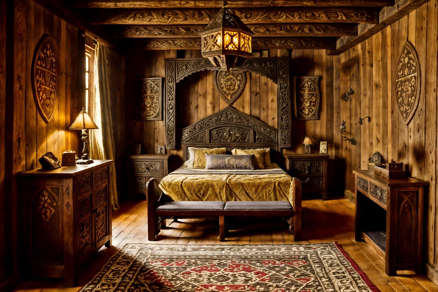 medieval-style (kids room interior) with storage bench or ottoman and dresser closet and bed and bedside table or night stand and headboard and plant and night light and mirror. . with castle interior and carved wooden tables and carved wooden benches and medieval shields on the wall and stone or wooden floor and stone walls and intricate wooden inlay designs and carvings and timber beams. . cinematic photo, highly detailed, cinematic lighting, ultra-detailed, ultrarealistic, photorealism, 8k. medieval interior design style. masterpiece, cinematic light, ultrarealistic+, photorealistic+, 8k, raw photo, realistic, sharp focus on eyes, (symmetrical eyes), (intact eyes), hyperrealistic, highest quality, best quality, , highly detailed, masterpiece, best quality, extremely detailed 8k wallpaper, masterpiece, best quality, ultra-detailed, best shadow, detailed background, detailed face, detailed eyes, high contrast, best illumination, detailed face, dulux, caustic, dynamic angle, detailed glow. dramatic lighting. highly detailed, insanely detailed hair, symmetrical, intricate details, professionally retouched, 8k high definition. strong bokeh. award winning photo.