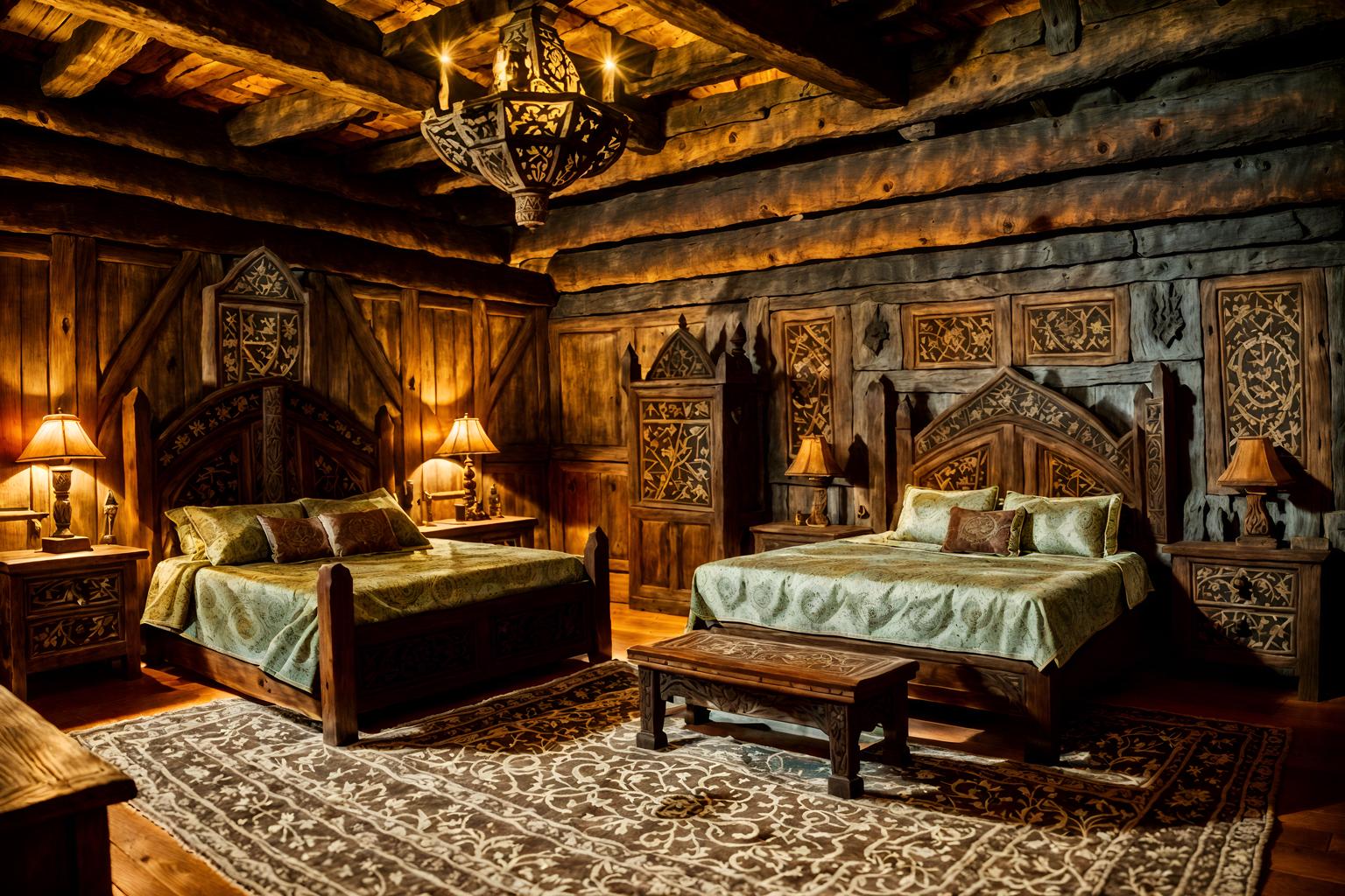medieval-style (kids room interior) with storage bench or ottoman and dresser closet and bed and bedside table or night stand and headboard and plant and night light and mirror. . with castle interior and carved wooden tables and carved wooden benches and medieval shields on the wall and stone or wooden floor and stone walls and intricate wooden inlay designs and carvings and timber beams. . cinematic photo, highly detailed, cinematic lighting, ultra-detailed, ultrarealistic, photorealism, 8k. medieval interior design style. masterpiece, cinematic light, ultrarealistic+, photorealistic+, 8k, raw photo, realistic, sharp focus on eyes, (symmetrical eyes), (intact eyes), hyperrealistic, highest quality, best quality, , highly detailed, masterpiece, best quality, extremely detailed 8k wallpaper, masterpiece, best quality, ultra-detailed, best shadow, detailed background, detailed face, detailed eyes, high contrast, best illumination, detailed face, dulux, caustic, dynamic angle, detailed glow. dramatic lighting. highly detailed, insanely detailed hair, symmetrical, intricate details, professionally retouched, 8k high definition. strong bokeh. award winning photo.