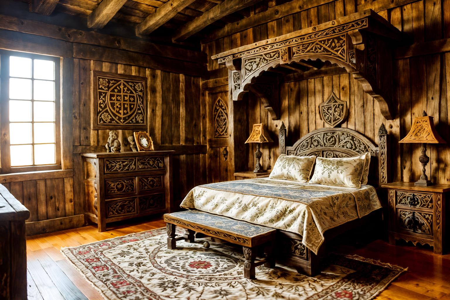 medieval-style (kids room interior) with storage bench or ottoman and dresser closet and bed and bedside table or night stand and headboard and plant and night light and mirror. . with castle interior and carved wooden tables and carved wooden benches and medieval shields on the wall and stone or wooden floor and stone walls and intricate wooden inlay designs and carvings and timber beams. . cinematic photo, highly detailed, cinematic lighting, ultra-detailed, ultrarealistic, photorealism, 8k. medieval interior design style. masterpiece, cinematic light, ultrarealistic+, photorealistic+, 8k, raw photo, realistic, sharp focus on eyes, (symmetrical eyes), (intact eyes), hyperrealistic, highest quality, best quality, , highly detailed, masterpiece, best quality, extremely detailed 8k wallpaper, masterpiece, best quality, ultra-detailed, best shadow, detailed background, detailed face, detailed eyes, high contrast, best illumination, detailed face, dulux, caustic, dynamic angle, detailed glow. dramatic lighting. highly detailed, insanely detailed hair, symmetrical, intricate details, professionally retouched, 8k high definition. strong bokeh. award winning photo.