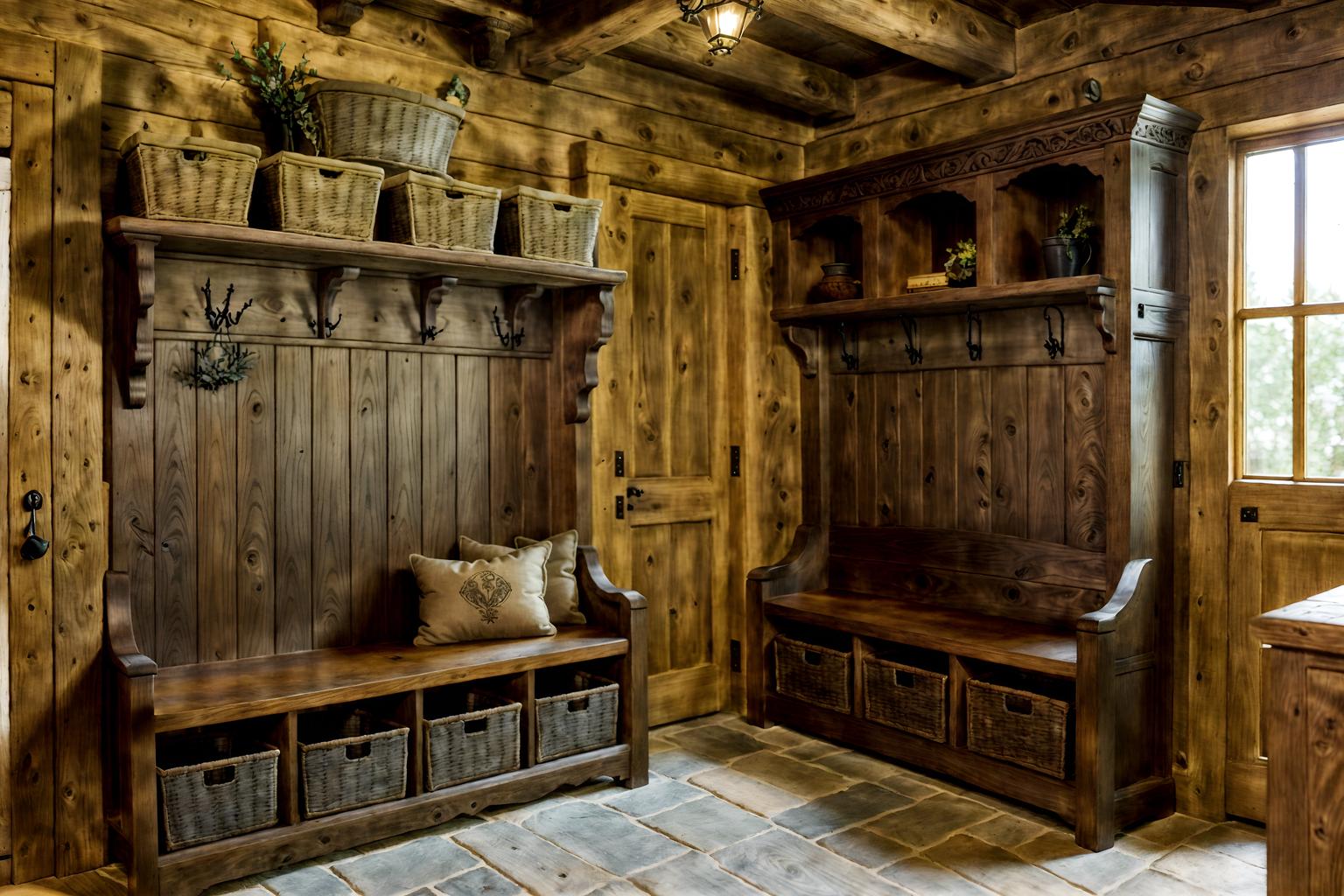 medieval-style (mudroom interior) with a bench and high up storage and storage baskets and cubbies and storage drawers and wall hooks for coats and cabinets and shelves for shoes. . with stone or wooden floor and castle interior and timber beams and gothic appearance and timber walls and upholstery on chairs and sofas and carved wooden tables and carved wooden chairs. . cinematic photo, highly detailed, cinematic lighting, ultra-detailed, ultrarealistic, photorealism, 8k. medieval interior design style. masterpiece, cinematic light, ultrarealistic+, photorealistic+, 8k, raw photo, realistic, sharp focus on eyes, (symmetrical eyes), (intact eyes), hyperrealistic, highest quality, best quality, , highly detailed, masterpiece, best quality, extremely detailed 8k wallpaper, masterpiece, best quality, ultra-detailed, best shadow, detailed background, detailed face, detailed eyes, high contrast, best illumination, detailed face, dulux, caustic, dynamic angle, detailed glow. dramatic lighting. highly detailed, insanely detailed hair, symmetrical, intricate details, professionally retouched, 8k high definition. strong bokeh. award winning photo.