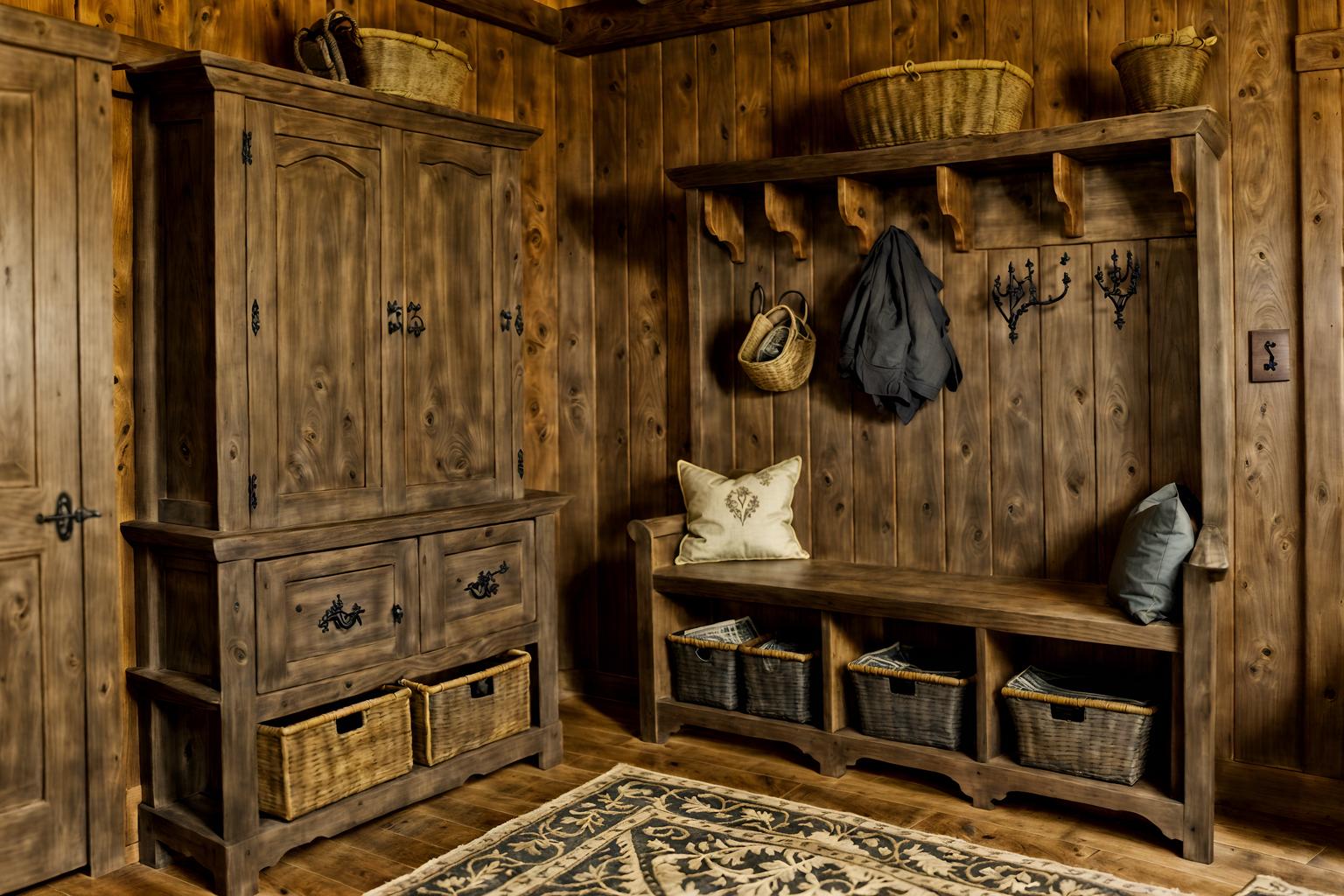 medieval-style (mudroom interior) with a bench and high up storage and storage baskets and cubbies and storage drawers and wall hooks for coats and cabinets and shelves for shoes. . with stone or wooden floor and castle interior and timber beams and gothic appearance and timber walls and upholstery on chairs and sofas and carved wooden tables and carved wooden chairs. . cinematic photo, highly detailed, cinematic lighting, ultra-detailed, ultrarealistic, photorealism, 8k. medieval interior design style. masterpiece, cinematic light, ultrarealistic+, photorealistic+, 8k, raw photo, realistic, sharp focus on eyes, (symmetrical eyes), (intact eyes), hyperrealistic, highest quality, best quality, , highly detailed, masterpiece, best quality, extremely detailed 8k wallpaper, masterpiece, best quality, ultra-detailed, best shadow, detailed background, detailed face, detailed eyes, high contrast, best illumination, detailed face, dulux, caustic, dynamic angle, detailed glow. dramatic lighting. highly detailed, insanely detailed hair, symmetrical, intricate details, professionally retouched, 8k high definition. strong bokeh. award winning photo.