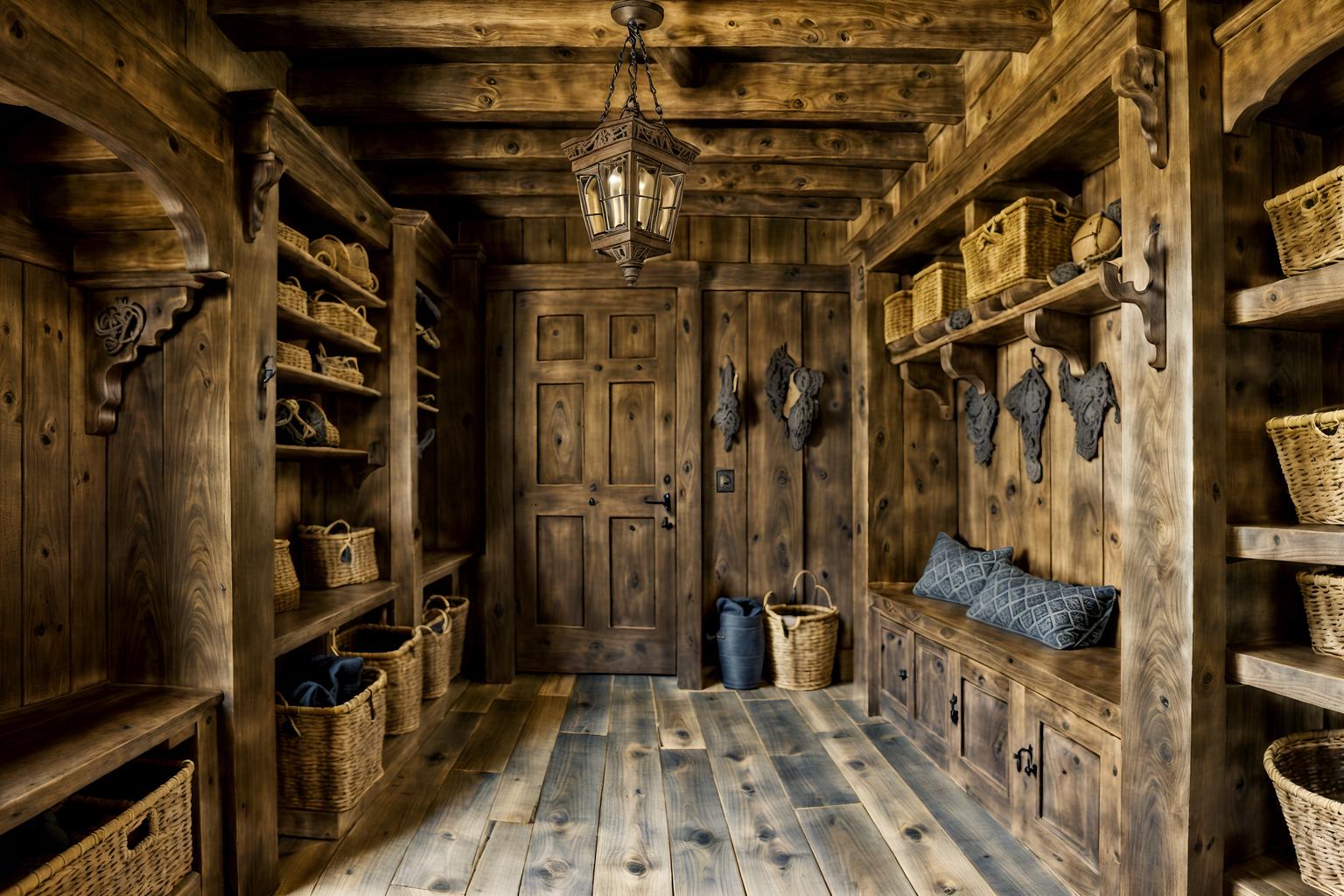medieval-style (mudroom interior) with a bench and high up storage and storage baskets and cubbies and storage drawers and wall hooks for coats and cabinets and shelves for shoes. . with stone or wooden floor and castle interior and timber beams and gothic appearance and timber walls and upholstery on chairs and sofas and carved wooden tables and carved wooden chairs. . cinematic photo, highly detailed, cinematic lighting, ultra-detailed, ultrarealistic, photorealism, 8k. medieval interior design style. masterpiece, cinematic light, ultrarealistic+, photorealistic+, 8k, raw photo, realistic, sharp focus on eyes, (symmetrical eyes), (intact eyes), hyperrealistic, highest quality, best quality, , highly detailed, masterpiece, best quality, extremely detailed 8k wallpaper, masterpiece, best quality, ultra-detailed, best shadow, detailed background, detailed face, detailed eyes, high contrast, best illumination, detailed face, dulux, caustic, dynamic angle, detailed glow. dramatic lighting. highly detailed, insanely detailed hair, symmetrical, intricate details, professionally retouched, 8k high definition. strong bokeh. award winning photo.