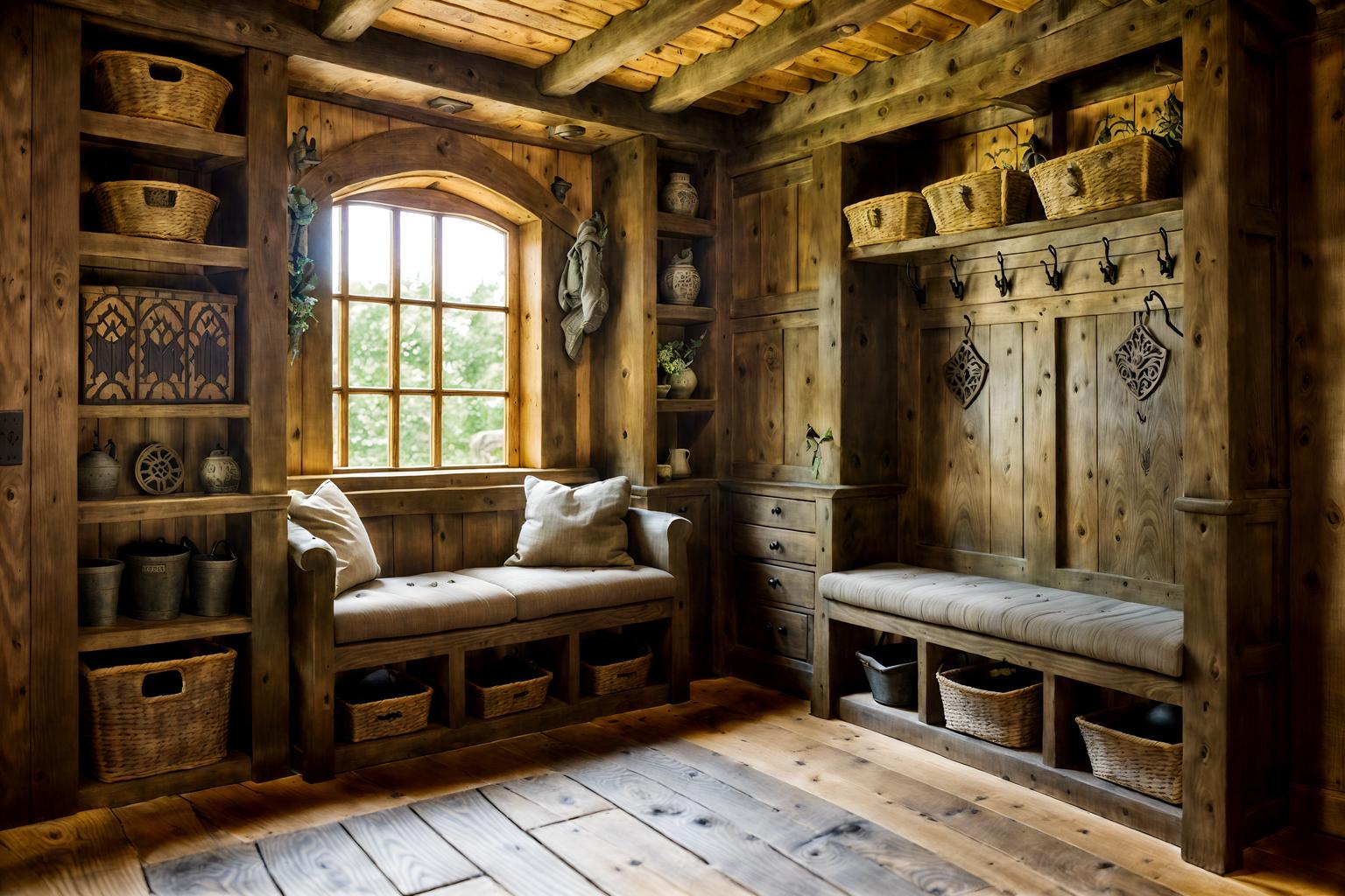 medieval-style (mudroom interior) with a bench and high up storage and storage baskets and cubbies and storage drawers and wall hooks for coats and cabinets and shelves for shoes. . with stone or wooden floor and castle interior and timber beams and gothic appearance and timber walls and upholstery on chairs and sofas and carved wooden tables and carved wooden chairs. . cinematic photo, highly detailed, cinematic lighting, ultra-detailed, ultrarealistic, photorealism, 8k. medieval interior design style. masterpiece, cinematic light, ultrarealistic+, photorealistic+, 8k, raw photo, realistic, sharp focus on eyes, (symmetrical eyes), (intact eyes), hyperrealistic, highest quality, best quality, , highly detailed, masterpiece, best quality, extremely detailed 8k wallpaper, masterpiece, best quality, ultra-detailed, best shadow, detailed background, detailed face, detailed eyes, high contrast, best illumination, detailed face, dulux, caustic, dynamic angle, detailed glow. dramatic lighting. highly detailed, insanely detailed hair, symmetrical, intricate details, professionally retouched, 8k high definition. strong bokeh. award winning photo.