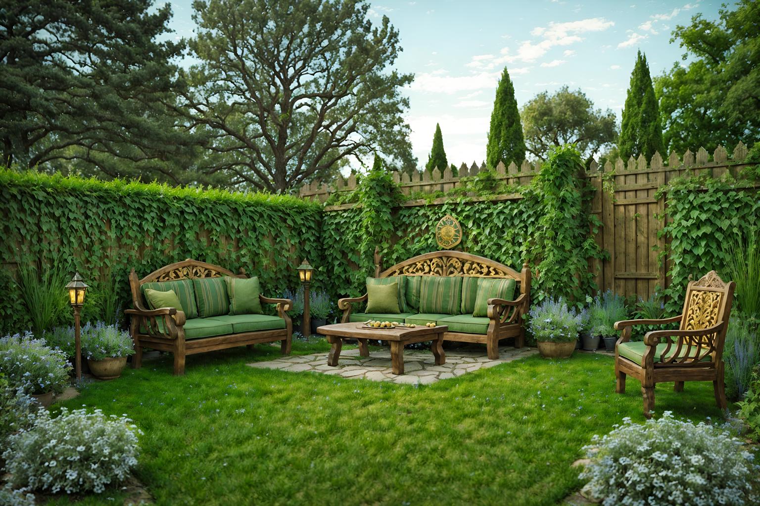 medieval-style designed (outdoor garden ) with garden tree and grass and garden plants and garden tree. . with upholstery on chairs and sofas and deep colors like red, gold, or blue and carved wooden chairs and timber walls and castle and carved wooden benches and castle and medieval shields on the wall. . cinematic photo, highly detailed, cinematic lighting, ultra-detailed, ultrarealistic, photorealism, 8k. medieval design style. masterpiece, cinematic light, ultrarealistic+, photorealistic+, 8k, raw photo, realistic, sharp focus on eyes, (symmetrical eyes), (intact eyes), hyperrealistic, highest quality, best quality, , highly detailed, masterpiece, best quality, extremely detailed 8k wallpaper, masterpiece, best quality, ultra-detailed, best shadow, detailed background, detailed face, detailed eyes, high contrast, best illumination, detailed face, dulux, caustic, dynamic angle, detailed glow. dramatic lighting. highly detailed, insanely detailed hair, symmetrical, intricate details, professionally retouched, 8k high definition. strong bokeh. award winning photo.