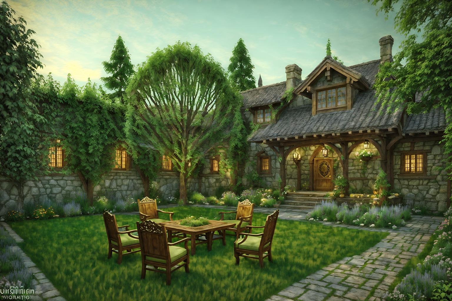 medieval-style designed (outdoor garden ) with garden tree and grass and garden plants and garden tree. . with upholstery on chairs and sofas and deep colors like red, gold, or blue and carved wooden chairs and timber walls and castle and carved wooden benches and castle and medieval shields on the wall. . cinematic photo, highly detailed, cinematic lighting, ultra-detailed, ultrarealistic, photorealism, 8k. medieval design style. masterpiece, cinematic light, ultrarealistic+, photorealistic+, 8k, raw photo, realistic, sharp focus on eyes, (symmetrical eyes), (intact eyes), hyperrealistic, highest quality, best quality, , highly detailed, masterpiece, best quality, extremely detailed 8k wallpaper, masterpiece, best quality, ultra-detailed, best shadow, detailed background, detailed face, detailed eyes, high contrast, best illumination, detailed face, dulux, caustic, dynamic angle, detailed glow. dramatic lighting. highly detailed, insanely detailed hair, symmetrical, intricate details, professionally retouched, 8k high definition. strong bokeh. award winning photo.