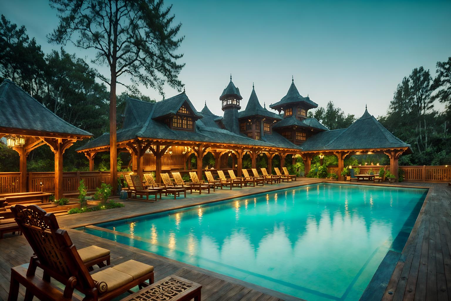 medieval-style designed (outdoor pool area ) with pool lounge chairs and pool lights and pool and pool lounge chairs. . with carved wooden benches and intricate wooden inlay designs and carvings and castle and deep colors like red, gold, or blue and timber beams and carved wooden tables and castle and carved wooden chairs. . cinematic photo, highly detailed, cinematic lighting, ultra-detailed, ultrarealistic, photorealism, 8k. medieval design style. masterpiece, cinematic light, ultrarealistic+, photorealistic+, 8k, raw photo, realistic, sharp focus on eyes, (symmetrical eyes), (intact eyes), hyperrealistic, highest quality, best quality, , highly detailed, masterpiece, best quality, extremely detailed 8k wallpaper, masterpiece, best quality, ultra-detailed, best shadow, detailed background, detailed face, detailed eyes, high contrast, best illumination, detailed face, dulux, caustic, dynamic angle, detailed glow. dramatic lighting. highly detailed, insanely detailed hair, symmetrical, intricate details, professionally retouched, 8k high definition. strong bokeh. award winning photo.