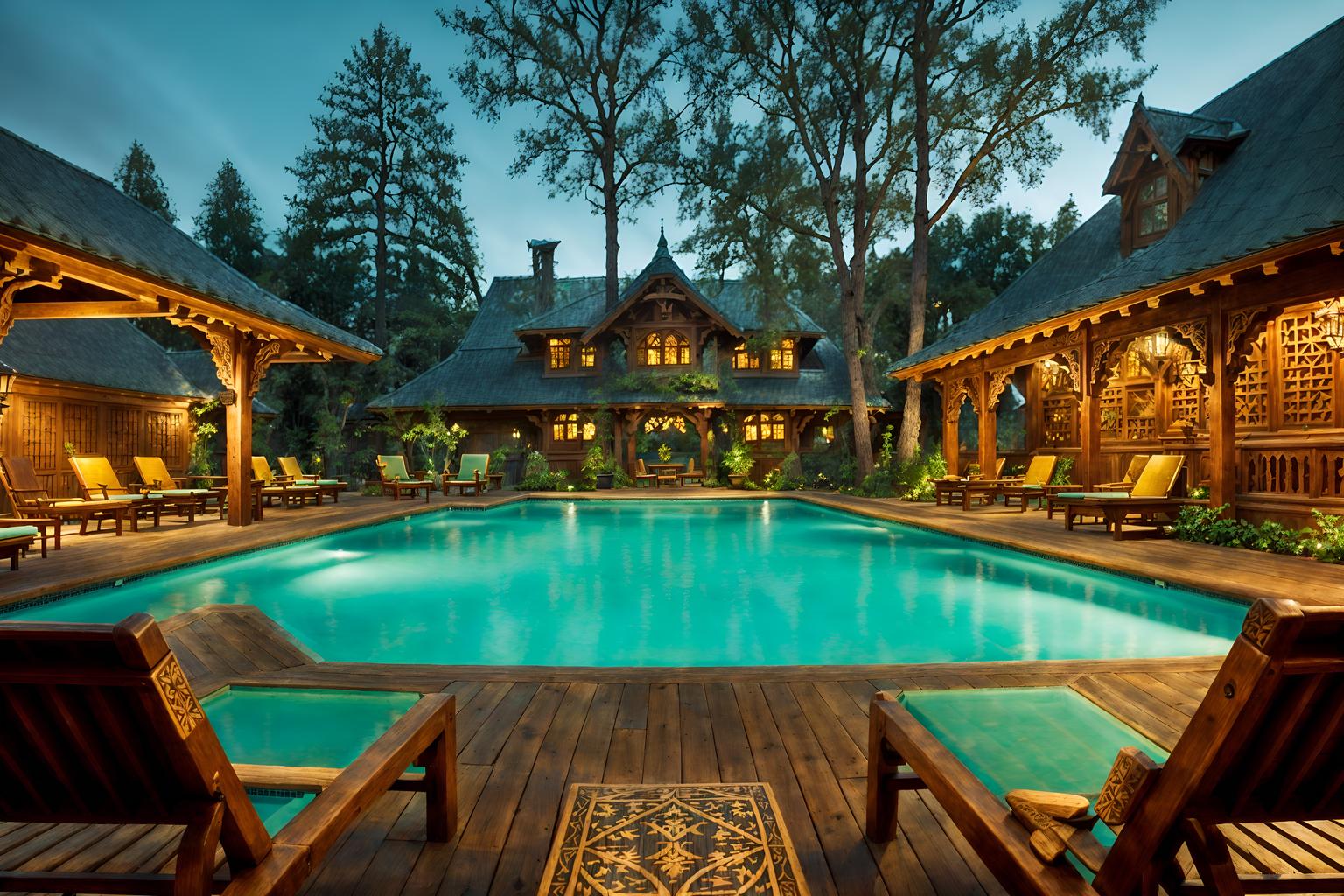 medieval-style designed (outdoor pool area ) with pool lounge chairs and pool lights and pool and pool lounge chairs. . with carved wooden benches and intricate wooden inlay designs and carvings and castle and deep colors like red, gold, or blue and timber beams and carved wooden tables and castle and carved wooden chairs. . cinematic photo, highly detailed, cinematic lighting, ultra-detailed, ultrarealistic, photorealism, 8k. medieval design style. masterpiece, cinematic light, ultrarealistic+, photorealistic+, 8k, raw photo, realistic, sharp focus on eyes, (symmetrical eyes), (intact eyes), hyperrealistic, highest quality, best quality, , highly detailed, masterpiece, best quality, extremely detailed 8k wallpaper, masterpiece, best quality, ultra-detailed, best shadow, detailed background, detailed face, detailed eyes, high contrast, best illumination, detailed face, dulux, caustic, dynamic angle, detailed glow. dramatic lighting. highly detailed, insanely detailed hair, symmetrical, intricate details, professionally retouched, 8k high definition. strong bokeh. award winning photo.