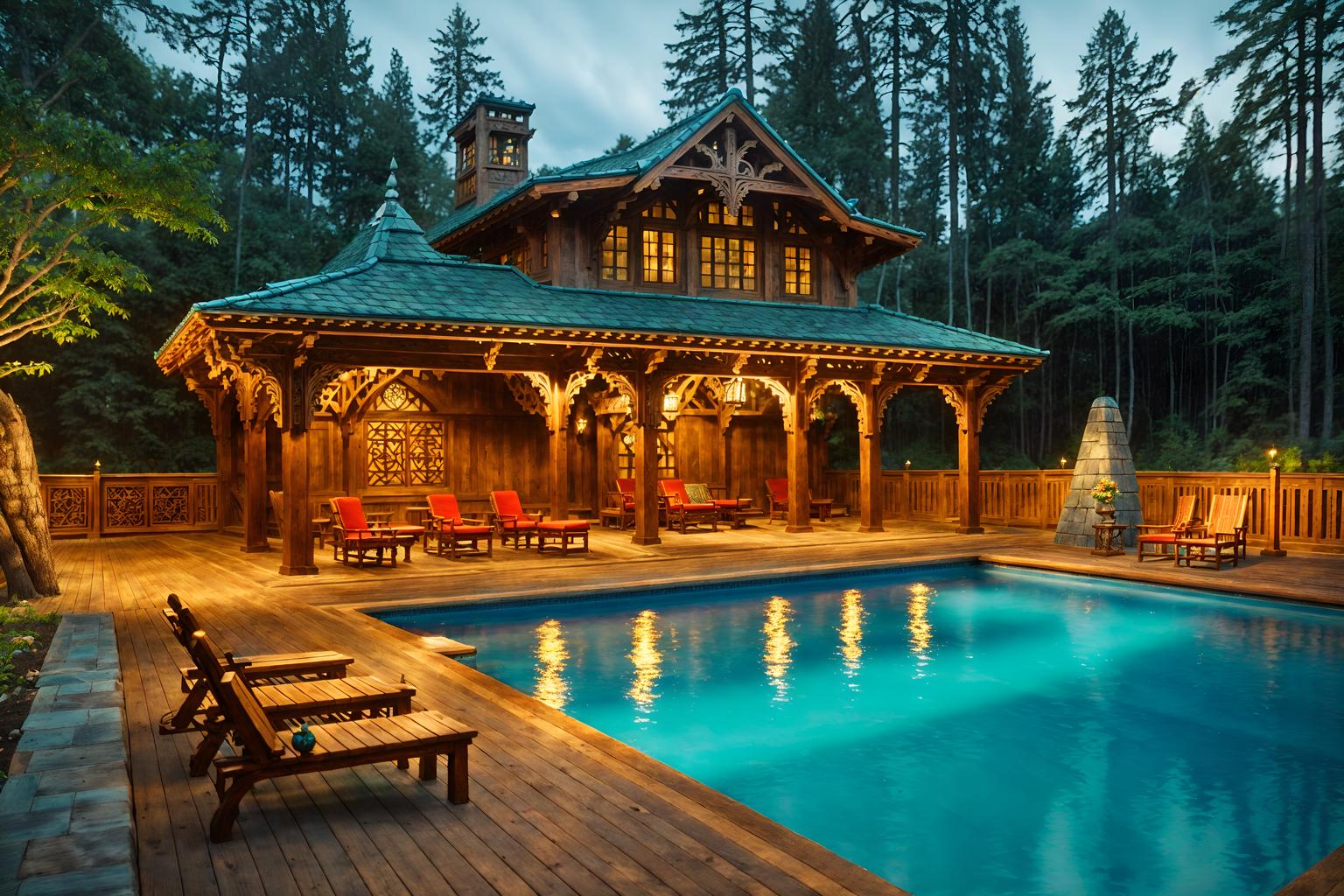 medieval-style designed (outdoor pool area ) with pool lounge chairs and pool lights and pool and pool lounge chairs. . with carved wooden benches and intricate wooden inlay designs and carvings and castle and deep colors like red, gold, or blue and timber beams and carved wooden tables and castle and carved wooden chairs. . cinematic photo, highly detailed, cinematic lighting, ultra-detailed, ultrarealistic, photorealism, 8k. medieval design style. masterpiece, cinematic light, ultrarealistic+, photorealistic+, 8k, raw photo, realistic, sharp focus on eyes, (symmetrical eyes), (intact eyes), hyperrealistic, highest quality, best quality, , highly detailed, masterpiece, best quality, extremely detailed 8k wallpaper, masterpiece, best quality, ultra-detailed, best shadow, detailed background, detailed face, detailed eyes, high contrast, best illumination, detailed face, dulux, caustic, dynamic angle, detailed glow. dramatic lighting. highly detailed, insanely detailed hair, symmetrical, intricate details, professionally retouched, 8k high definition. strong bokeh. award winning photo.