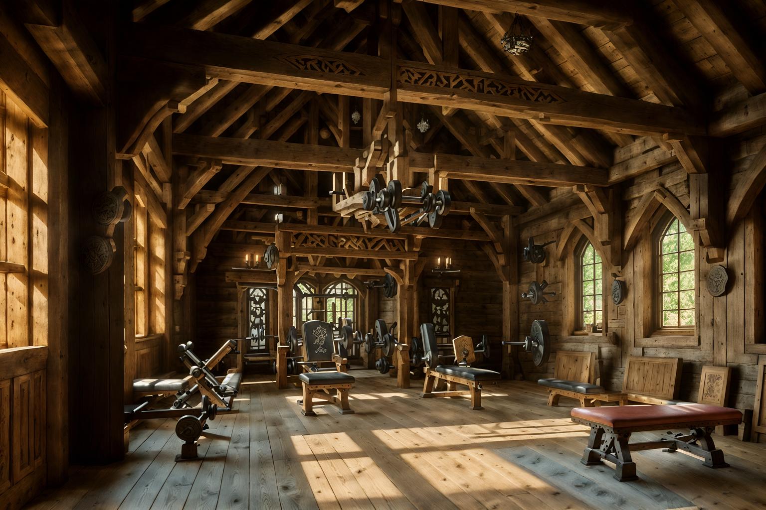 medieval-style (fitness gym interior) with dumbbell stand and crosstrainer and bench press and exercise bicycle and squat rack and dumbbell stand. . with timber beams and castle interior and carved wooden chairs and castle interior and stone or wooden floor and timber walls and gothic appearance and carved wooden benches. . cinematic photo, highly detailed, cinematic lighting, ultra-detailed, ultrarealistic, photorealism, 8k. medieval interior design style. masterpiece, cinematic light, ultrarealistic+, photorealistic+, 8k, raw photo, realistic, sharp focus on eyes, (symmetrical eyes), (intact eyes), hyperrealistic, highest quality, best quality, , highly detailed, masterpiece, best quality, extremely detailed 8k wallpaper, masterpiece, best quality, ultra-detailed, best shadow, detailed background, detailed face, detailed eyes, high contrast, best illumination, detailed face, dulux, caustic, dynamic angle, detailed glow. dramatic lighting. highly detailed, insanely detailed hair, symmetrical, intricate details, professionally retouched, 8k high definition. strong bokeh. award winning photo.