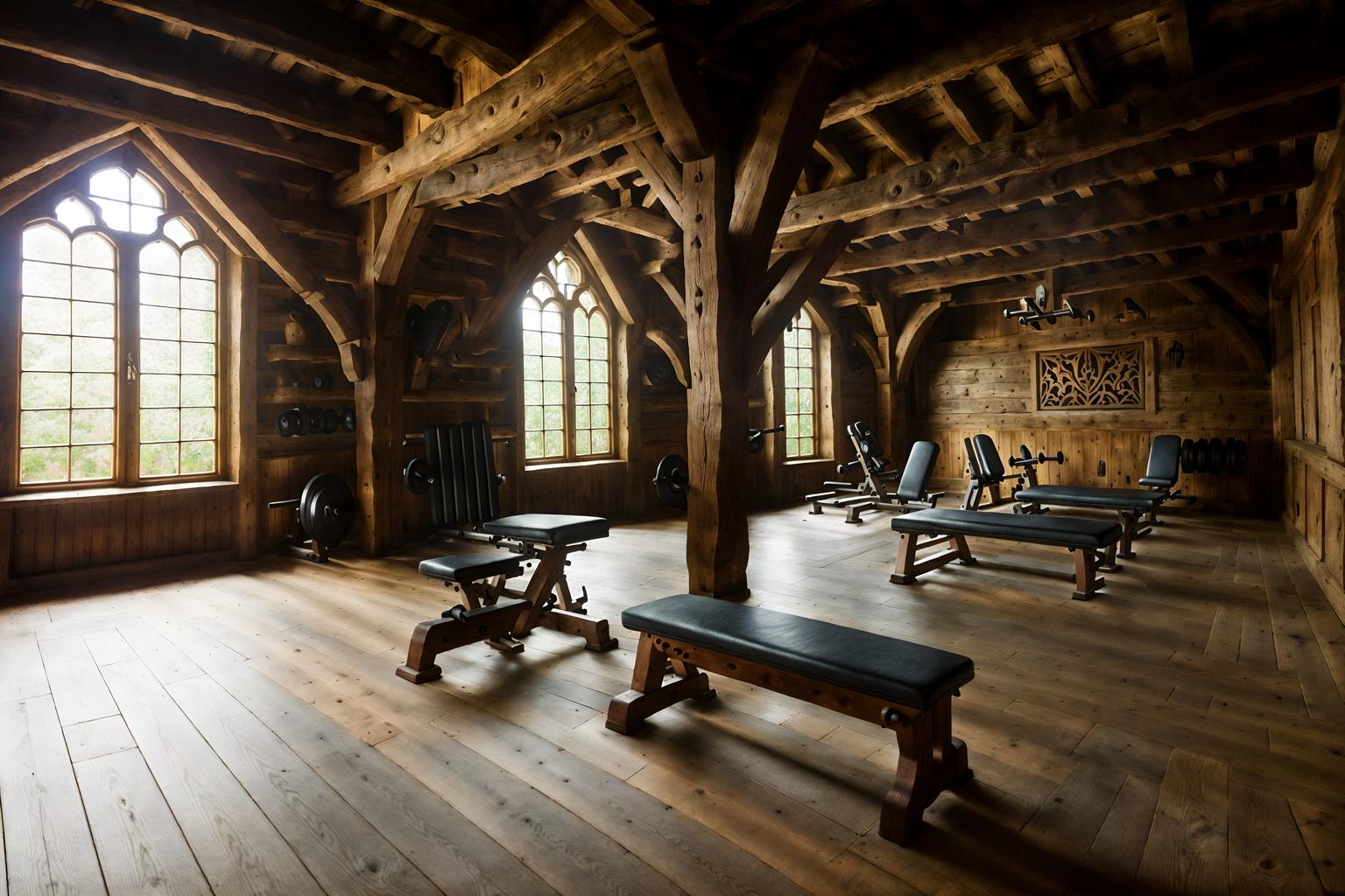 medieval-style (fitness gym interior) with dumbbell stand and crosstrainer and bench press and exercise bicycle and squat rack and dumbbell stand. . with timber beams and castle interior and carved wooden chairs and castle interior and stone or wooden floor and timber walls and gothic appearance and carved wooden benches. . cinematic photo, highly detailed, cinematic lighting, ultra-detailed, ultrarealistic, photorealism, 8k. medieval interior design style. masterpiece, cinematic light, ultrarealistic+, photorealistic+, 8k, raw photo, realistic, sharp focus on eyes, (symmetrical eyes), (intact eyes), hyperrealistic, highest quality, best quality, , highly detailed, masterpiece, best quality, extremely detailed 8k wallpaper, masterpiece, best quality, ultra-detailed, best shadow, detailed background, detailed face, detailed eyes, high contrast, best illumination, detailed face, dulux, caustic, dynamic angle, detailed glow. dramatic lighting. highly detailed, insanely detailed hair, symmetrical, intricate details, professionally retouched, 8k high definition. strong bokeh. award winning photo.