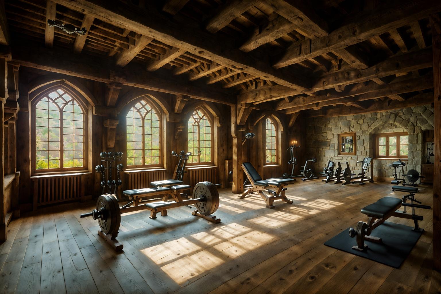 medieval-style (fitness gym interior) with dumbbell stand and crosstrainer and bench press and exercise bicycle and squat rack and dumbbell stand. . with timber beams and castle interior and carved wooden chairs and castle interior and stone or wooden floor and timber walls and gothic appearance and carved wooden benches. . cinematic photo, highly detailed, cinematic lighting, ultra-detailed, ultrarealistic, photorealism, 8k. medieval interior design style. masterpiece, cinematic light, ultrarealistic+, photorealistic+, 8k, raw photo, realistic, sharp focus on eyes, (symmetrical eyes), (intact eyes), hyperrealistic, highest quality, best quality, , highly detailed, masterpiece, best quality, extremely detailed 8k wallpaper, masterpiece, best quality, ultra-detailed, best shadow, detailed background, detailed face, detailed eyes, high contrast, best illumination, detailed face, dulux, caustic, dynamic angle, detailed glow. dramatic lighting. highly detailed, insanely detailed hair, symmetrical, intricate details, professionally retouched, 8k high definition. strong bokeh. award winning photo.