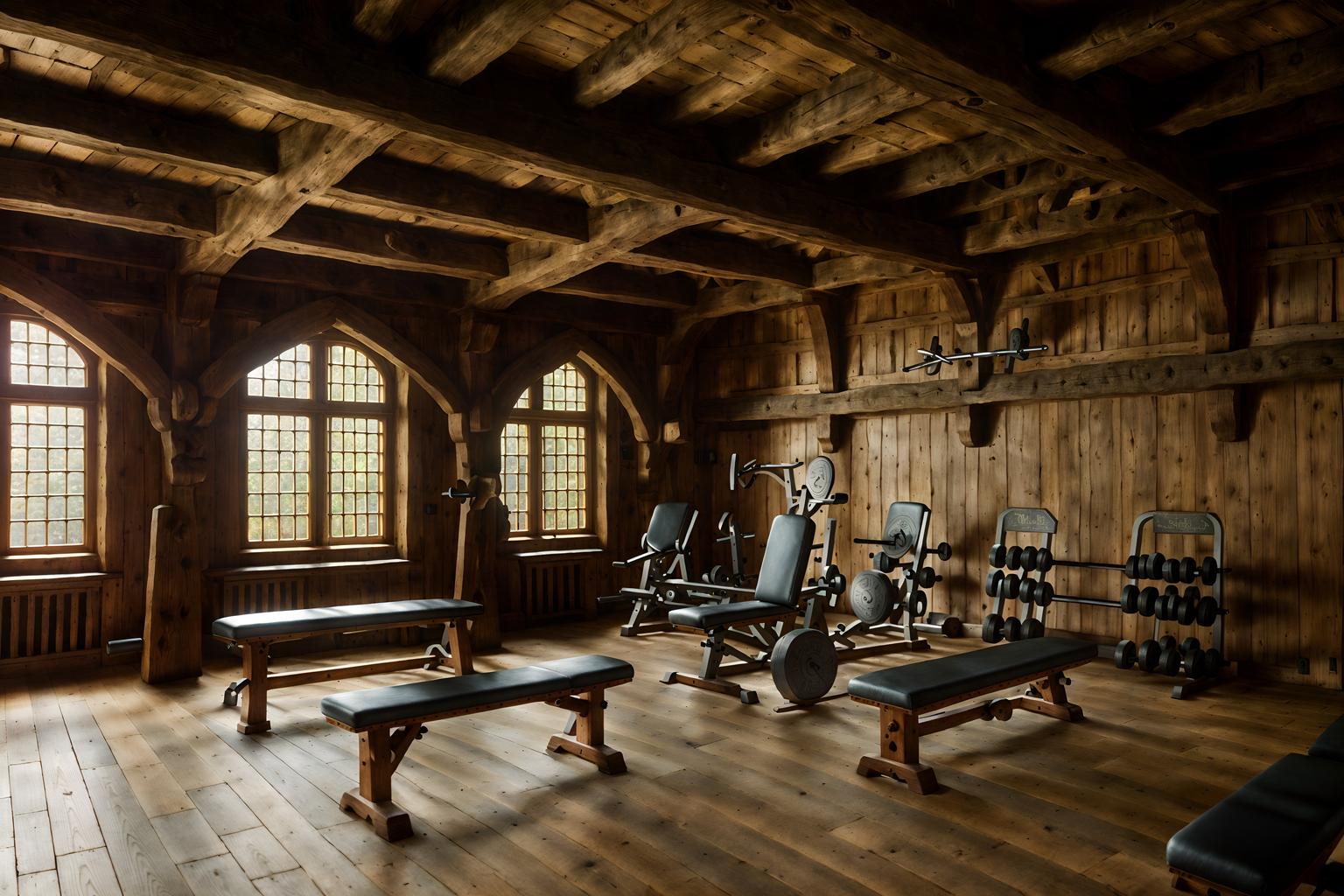 medieval-style (fitness gym interior) with dumbbell stand and crosstrainer and bench press and exercise bicycle and squat rack and dumbbell stand. . with timber beams and castle interior and carved wooden chairs and castle interior and stone or wooden floor and timber walls and gothic appearance and carved wooden benches. . cinematic photo, highly detailed, cinematic lighting, ultra-detailed, ultrarealistic, photorealism, 8k. medieval interior design style. masterpiece, cinematic light, ultrarealistic+, photorealistic+, 8k, raw photo, realistic, sharp focus on eyes, (symmetrical eyes), (intact eyes), hyperrealistic, highest quality, best quality, , highly detailed, masterpiece, best quality, extremely detailed 8k wallpaper, masterpiece, best quality, ultra-detailed, best shadow, detailed background, detailed face, detailed eyes, high contrast, best illumination, detailed face, dulux, caustic, dynamic angle, detailed glow. dramatic lighting. highly detailed, insanely detailed hair, symmetrical, intricate details, professionally retouched, 8k high definition. strong bokeh. award winning photo.