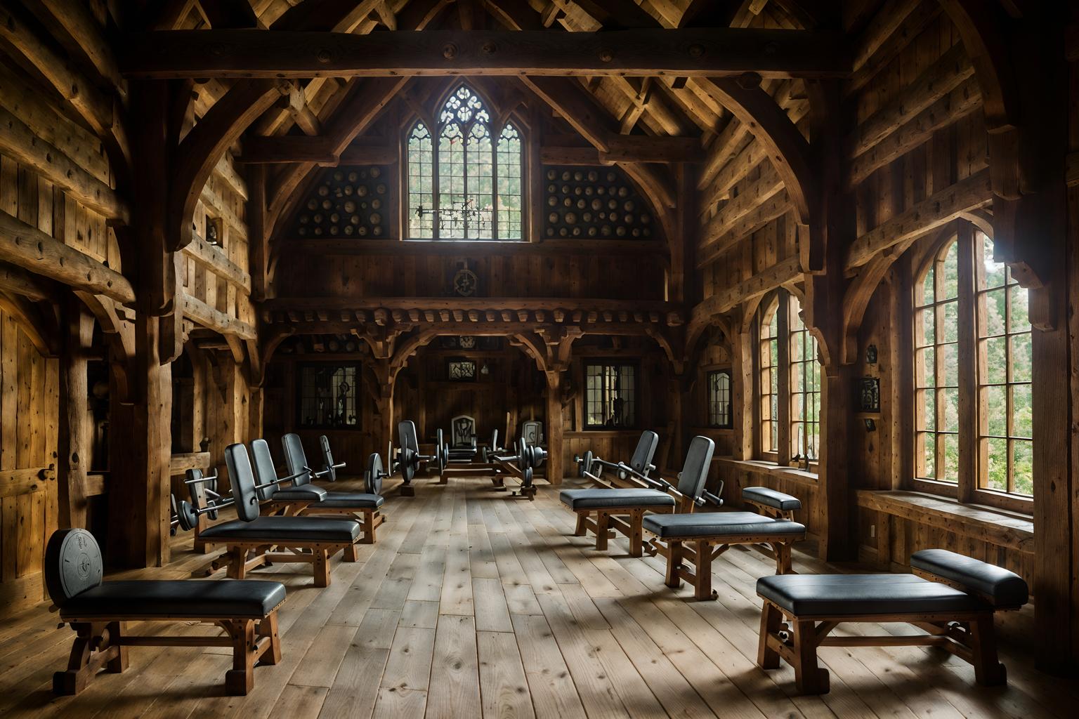 medieval-style (fitness gym interior) with dumbbell stand and crosstrainer and bench press and exercise bicycle and squat rack and dumbbell stand. . with timber beams and castle interior and carved wooden chairs and castle interior and stone or wooden floor and timber walls and gothic appearance and carved wooden benches. . cinematic photo, highly detailed, cinematic lighting, ultra-detailed, ultrarealistic, photorealism, 8k. medieval interior design style. masterpiece, cinematic light, ultrarealistic+, photorealistic+, 8k, raw photo, realistic, sharp focus on eyes, (symmetrical eyes), (intact eyes), hyperrealistic, highest quality, best quality, , highly detailed, masterpiece, best quality, extremely detailed 8k wallpaper, masterpiece, best quality, ultra-detailed, best shadow, detailed background, detailed face, detailed eyes, high contrast, best illumination, detailed face, dulux, caustic, dynamic angle, detailed glow. dramatic lighting. highly detailed, insanely detailed hair, symmetrical, intricate details, professionally retouched, 8k high definition. strong bokeh. award winning photo.