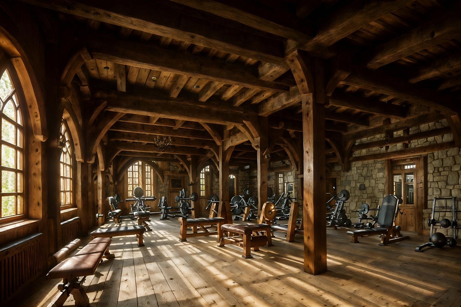 medieval-style (fitness gym interior) with dumbbell stand and crosstrainer and bench press and exercise bicycle and squat rack and dumbbell stand. . with timber beams and castle interior and carved wooden chairs and castle interior and stone or wooden floor and timber walls and gothic appearance and carved wooden benches. . cinematic photo, highly detailed, cinematic lighting, ultra-detailed, ultrarealistic, photorealism, 8k. medieval interior design style. masterpiece, cinematic light, ultrarealistic+, photorealistic+, 8k, raw photo, realistic, sharp focus on eyes, (symmetrical eyes), (intact eyes), hyperrealistic, highest quality, best quality, , highly detailed, masterpiece, best quality, extremely detailed 8k wallpaper, masterpiece, best quality, ultra-detailed, best shadow, detailed background, detailed face, detailed eyes, high contrast, best illumination, detailed face, dulux, caustic, dynamic angle, detailed glow. dramatic lighting. highly detailed, insanely detailed hair, symmetrical, intricate details, professionally retouched, 8k high definition. strong bokeh. award winning photo.