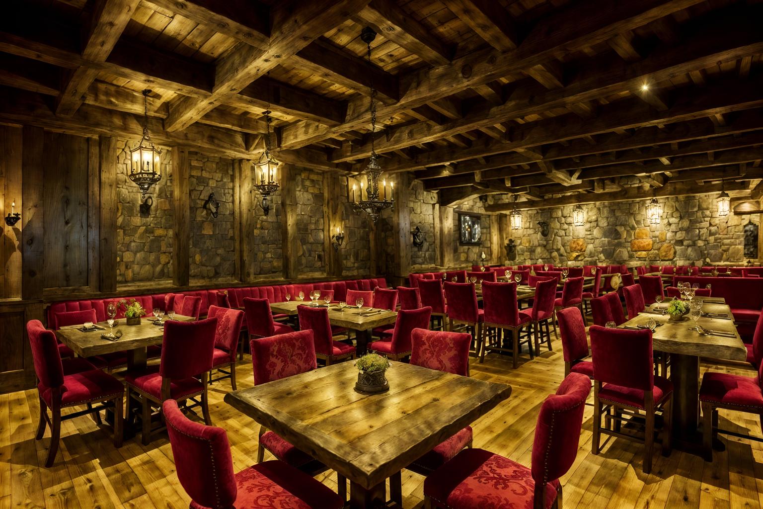 medieval-style (restaurant interior) with restaurant dining tables and restaurant chairs and restaurant decor and restaurant bar and restaurant dining tables. . with timber walls and heavy furniture pieces and gothic appearance and stone or wooden floor and velvet, chenille, damask, and brocade draperies and fabrics and deep colors like red, gold, or blue and stone walls and upholstery on chairs and sofas. . cinematic photo, highly detailed, cinematic lighting, ultra-detailed, ultrarealistic, photorealism, 8k. medieval interior design style. masterpiece, cinematic light, ultrarealistic+, photorealistic+, 8k, raw photo, realistic, sharp focus on eyes, (symmetrical eyes), (intact eyes), hyperrealistic, highest quality, best quality, , highly detailed, masterpiece, best quality, extremely detailed 8k wallpaper, masterpiece, best quality, ultra-detailed, best shadow, detailed background, detailed face, detailed eyes, high contrast, best illumination, detailed face, dulux, caustic, dynamic angle, detailed glow. dramatic lighting. highly detailed, insanely detailed hair, symmetrical, intricate details, professionally retouched, 8k high definition. strong bokeh. award winning photo.