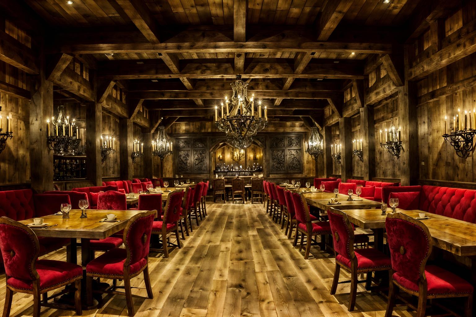 medieval-style (restaurant interior) with restaurant dining tables and restaurant chairs and restaurant decor and restaurant bar and restaurant dining tables. . with timber walls and heavy furniture pieces and gothic appearance and stone or wooden floor and velvet, chenille, damask, and brocade draperies and fabrics and deep colors like red, gold, or blue and stone walls and upholstery on chairs and sofas. . cinematic photo, highly detailed, cinematic lighting, ultra-detailed, ultrarealistic, photorealism, 8k. medieval interior design style. masterpiece, cinematic light, ultrarealistic+, photorealistic+, 8k, raw photo, realistic, sharp focus on eyes, (symmetrical eyes), (intact eyes), hyperrealistic, highest quality, best quality, , highly detailed, masterpiece, best quality, extremely detailed 8k wallpaper, masterpiece, best quality, ultra-detailed, best shadow, detailed background, detailed face, detailed eyes, high contrast, best illumination, detailed face, dulux, caustic, dynamic angle, detailed glow. dramatic lighting. highly detailed, insanely detailed hair, symmetrical, intricate details, professionally retouched, 8k high definition. strong bokeh. award winning photo.