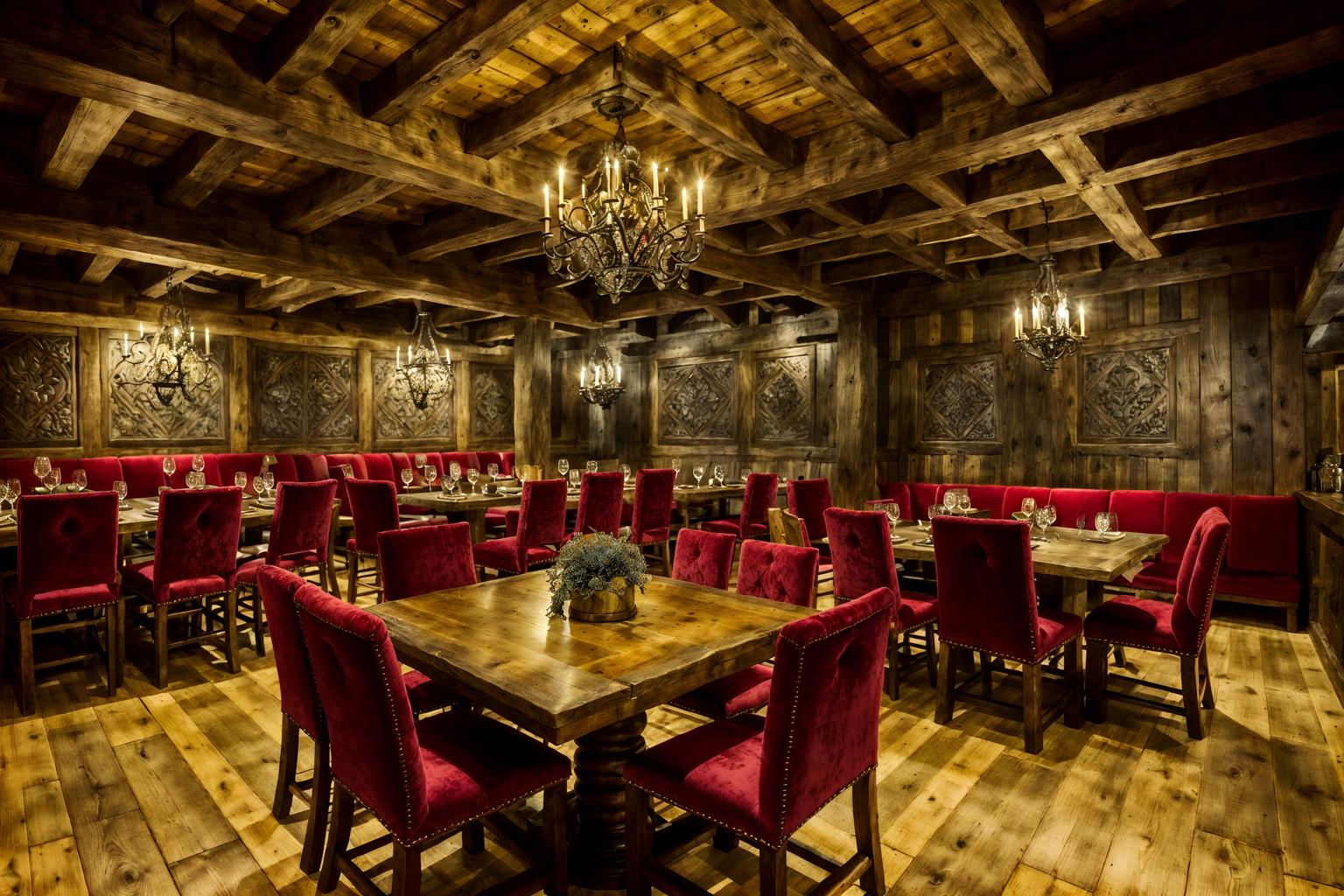medieval-style (restaurant interior) with restaurant dining tables and restaurant chairs and restaurant decor and restaurant bar and restaurant dining tables. . with timber walls and heavy furniture pieces and gothic appearance and stone or wooden floor and velvet, chenille, damask, and brocade draperies and fabrics and deep colors like red, gold, or blue and stone walls and upholstery on chairs and sofas. . cinematic photo, highly detailed, cinematic lighting, ultra-detailed, ultrarealistic, photorealism, 8k. medieval interior design style. masterpiece, cinematic light, ultrarealistic+, photorealistic+, 8k, raw photo, realistic, sharp focus on eyes, (symmetrical eyes), (intact eyes), hyperrealistic, highest quality, best quality, , highly detailed, masterpiece, best quality, extremely detailed 8k wallpaper, masterpiece, best quality, ultra-detailed, best shadow, detailed background, detailed face, detailed eyes, high contrast, best illumination, detailed face, dulux, caustic, dynamic angle, detailed glow. dramatic lighting. highly detailed, insanely detailed hair, symmetrical, intricate details, professionally retouched, 8k high definition. strong bokeh. award winning photo.