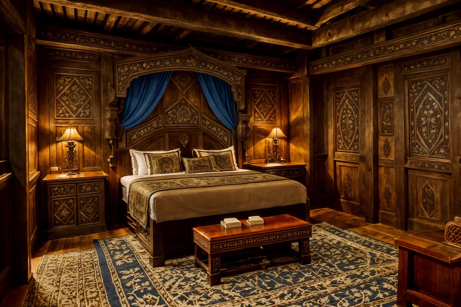 medieval-style (hotel room interior) with accent chair and hotel bathroom and storage bench or ottoman and working desk with desk chair and plant and dresser closet and night light and headboard. . with castle interior and castle interior and intricate wooden inlay designs and carvings and heavy furniture pieces and carved wooden benches and medieval shields on the wall and timber walls and timber beams. . cinematic photo, highly detailed, cinematic lighting, ultra-detailed, ultrarealistic, photorealism, 8k. medieval interior design style. masterpiece, cinematic light, ultrarealistic+, photorealistic+, 8k, raw photo, realistic, sharp focus on eyes, (symmetrical eyes), (intact eyes), hyperrealistic, highest quality, best quality, , highly detailed, masterpiece, best quality, extremely detailed 8k wallpaper, masterpiece, best quality, ultra-detailed, best shadow, detailed background, detailed face, detailed eyes, high contrast, best illumination, detailed face, dulux, caustic, dynamic angle, detailed glow. dramatic lighting. highly detailed, insanely detailed hair, symmetrical, intricate details, professionally retouched, 8k high definition. strong bokeh. award winning photo.