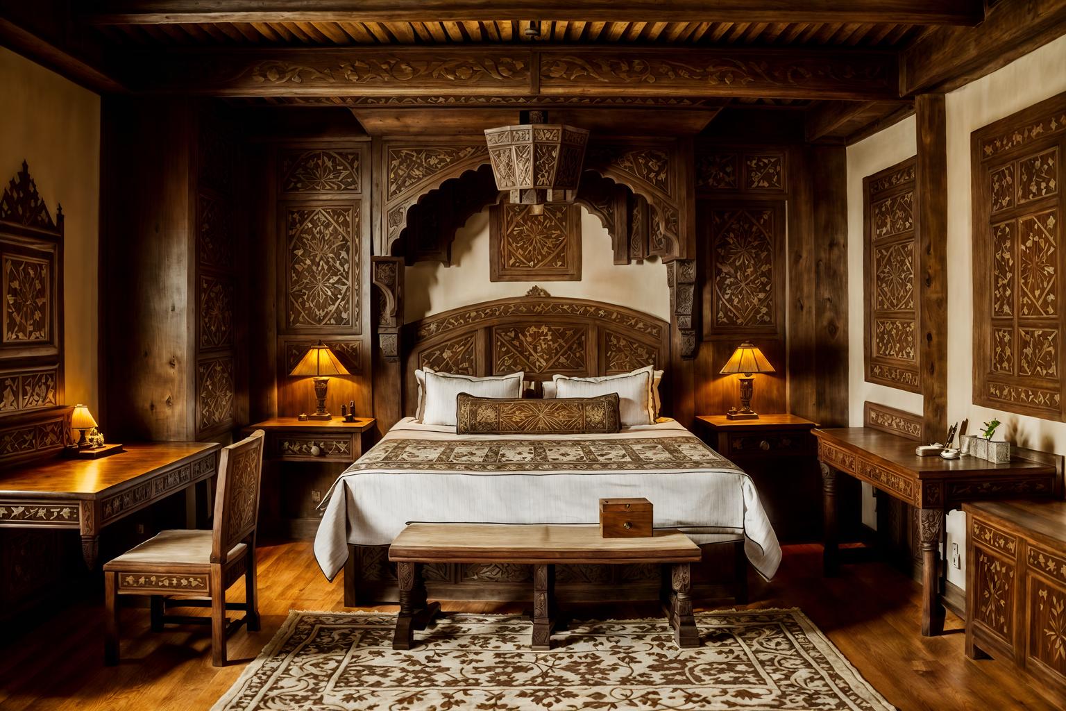 medieval-style (hotel room interior) with accent chair and hotel bathroom and storage bench or ottoman and working desk with desk chair and plant and dresser closet and night light and headboard. . with castle interior and castle interior and intricate wooden inlay designs and carvings and heavy furniture pieces and carved wooden benches and medieval shields on the wall and timber walls and timber beams. . cinematic photo, highly detailed, cinematic lighting, ultra-detailed, ultrarealistic, photorealism, 8k. medieval interior design style. masterpiece, cinematic light, ultrarealistic+, photorealistic+, 8k, raw photo, realistic, sharp focus on eyes, (symmetrical eyes), (intact eyes), hyperrealistic, highest quality, best quality, , highly detailed, masterpiece, best quality, extremely detailed 8k wallpaper, masterpiece, best quality, ultra-detailed, best shadow, detailed background, detailed face, detailed eyes, high contrast, best illumination, detailed face, dulux, caustic, dynamic angle, detailed glow. dramatic lighting. highly detailed, insanely detailed hair, symmetrical, intricate details, professionally retouched, 8k high definition. strong bokeh. award winning photo.