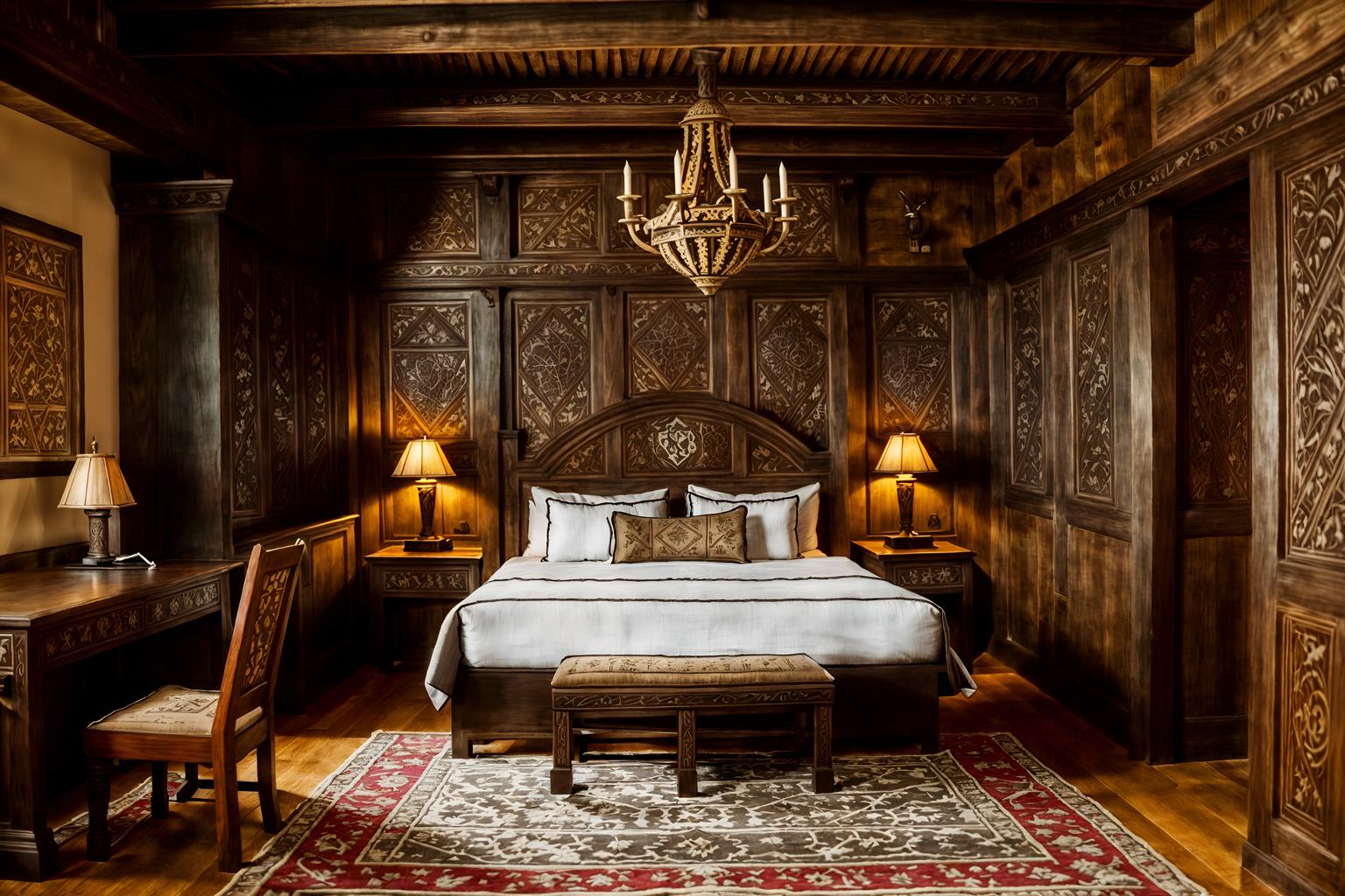 medieval-style (hotel room interior) with accent chair and hotel bathroom and storage bench or ottoman and working desk with desk chair and plant and dresser closet and night light and headboard. . with castle interior and castle interior and intricate wooden inlay designs and carvings and heavy furniture pieces and carved wooden benches and medieval shields on the wall and timber walls and timber beams. . cinematic photo, highly detailed, cinematic lighting, ultra-detailed, ultrarealistic, photorealism, 8k. medieval interior design style. masterpiece, cinematic light, ultrarealistic+, photorealistic+, 8k, raw photo, realistic, sharp focus on eyes, (symmetrical eyes), (intact eyes), hyperrealistic, highest quality, best quality, , highly detailed, masterpiece, best quality, extremely detailed 8k wallpaper, masterpiece, best quality, ultra-detailed, best shadow, detailed background, detailed face, detailed eyes, high contrast, best illumination, detailed face, dulux, caustic, dynamic angle, detailed glow. dramatic lighting. highly detailed, insanely detailed hair, symmetrical, intricate details, professionally retouched, 8k high definition. strong bokeh. award winning photo.