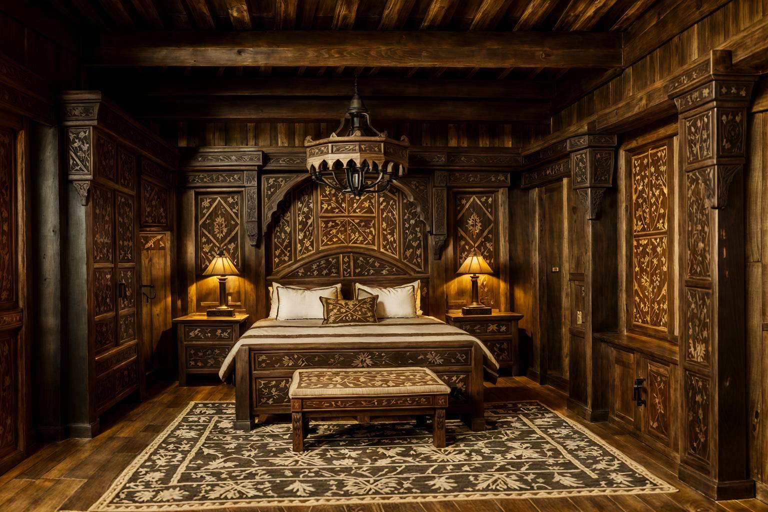 medieval-style (hotel room interior) with accent chair and hotel bathroom and storage bench or ottoman and working desk with desk chair and plant and dresser closet and night light and headboard. . with castle interior and castle interior and intricate wooden inlay designs and carvings and heavy furniture pieces and carved wooden benches and medieval shields on the wall and timber walls and timber beams. . cinematic photo, highly detailed, cinematic lighting, ultra-detailed, ultrarealistic, photorealism, 8k. medieval interior design style. masterpiece, cinematic light, ultrarealistic+, photorealistic+, 8k, raw photo, realistic, sharp focus on eyes, (symmetrical eyes), (intact eyes), hyperrealistic, highest quality, best quality, , highly detailed, masterpiece, best quality, extremely detailed 8k wallpaper, masterpiece, best quality, ultra-detailed, best shadow, detailed background, detailed face, detailed eyes, high contrast, best illumination, detailed face, dulux, caustic, dynamic angle, detailed glow. dramatic lighting. highly detailed, insanely detailed hair, symmetrical, intricate details, professionally retouched, 8k high definition. strong bokeh. award winning photo.