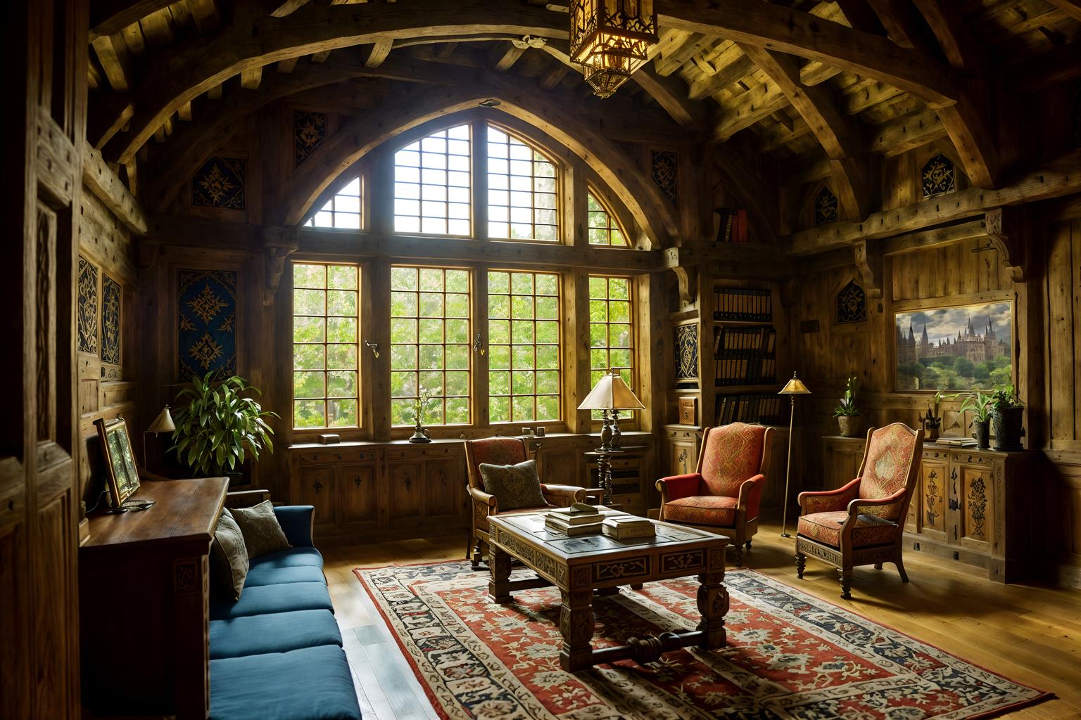 medieval-style (office interior) with plants and lounge chairs and office desks and office chairs and seating area with sofa and windows and cabinets and desk lamps. . with castle interior and stone walls and intricate wooden inlay designs and carvings and deep colors like red, gold, or blue and timber beams and heavy furniture pieces and castle interior and castle interior. . cinematic photo, highly detailed, cinematic lighting, ultra-detailed, ultrarealistic, photorealism, 8k. medieval interior design style. masterpiece, cinematic light, ultrarealistic+, photorealistic+, 8k, raw photo, realistic, sharp focus on eyes, (symmetrical eyes), (intact eyes), hyperrealistic, highest quality, best quality, , highly detailed, masterpiece, best quality, extremely detailed 8k wallpaper, masterpiece, best quality, ultra-detailed, best shadow, detailed background, detailed face, detailed eyes, high contrast, best illumination, detailed face, dulux, caustic, dynamic angle, detailed glow. dramatic lighting. highly detailed, insanely detailed hair, symmetrical, intricate details, professionally retouched, 8k high definition. strong bokeh. award winning photo.