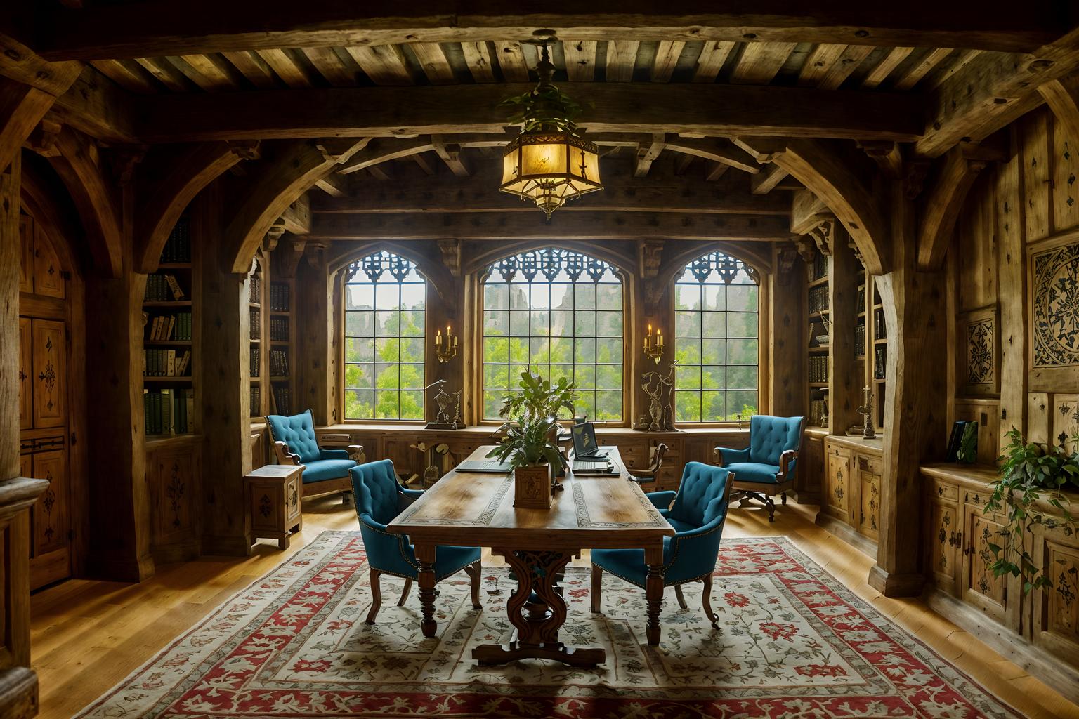 medieval-style (office interior) with plants and lounge chairs and office desks and office chairs and seating area with sofa and windows and cabinets and desk lamps. . with castle interior and stone walls and intricate wooden inlay designs and carvings and deep colors like red, gold, or blue and timber beams and heavy furniture pieces and castle interior and castle interior. . cinematic photo, highly detailed, cinematic lighting, ultra-detailed, ultrarealistic, photorealism, 8k. medieval interior design style. masterpiece, cinematic light, ultrarealistic+, photorealistic+, 8k, raw photo, realistic, sharp focus on eyes, (symmetrical eyes), (intact eyes), hyperrealistic, highest quality, best quality, , highly detailed, masterpiece, best quality, extremely detailed 8k wallpaper, masterpiece, best quality, ultra-detailed, best shadow, detailed background, detailed face, detailed eyes, high contrast, best illumination, detailed face, dulux, caustic, dynamic angle, detailed glow. dramatic lighting. highly detailed, insanely detailed hair, symmetrical, intricate details, professionally retouched, 8k high definition. strong bokeh. award winning photo.