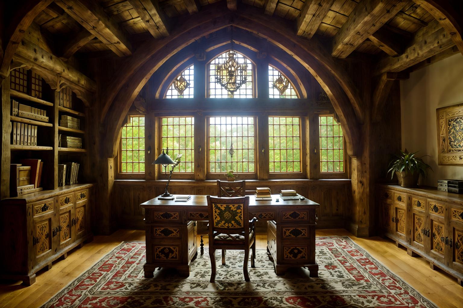 medieval-style (office interior) with plants and lounge chairs and office desks and office chairs and seating area with sofa and windows and cabinets and desk lamps. . with castle interior and stone walls and intricate wooden inlay designs and carvings and deep colors like red, gold, or blue and timber beams and heavy furniture pieces and castle interior and castle interior. . cinematic photo, highly detailed, cinematic lighting, ultra-detailed, ultrarealistic, photorealism, 8k. medieval interior design style. masterpiece, cinematic light, ultrarealistic+, photorealistic+, 8k, raw photo, realistic, sharp focus on eyes, (symmetrical eyes), (intact eyes), hyperrealistic, highest quality, best quality, , highly detailed, masterpiece, best quality, extremely detailed 8k wallpaper, masterpiece, best quality, ultra-detailed, best shadow, detailed background, detailed face, detailed eyes, high contrast, best illumination, detailed face, dulux, caustic, dynamic angle, detailed glow. dramatic lighting. highly detailed, insanely detailed hair, symmetrical, intricate details, professionally retouched, 8k high definition. strong bokeh. award winning photo.