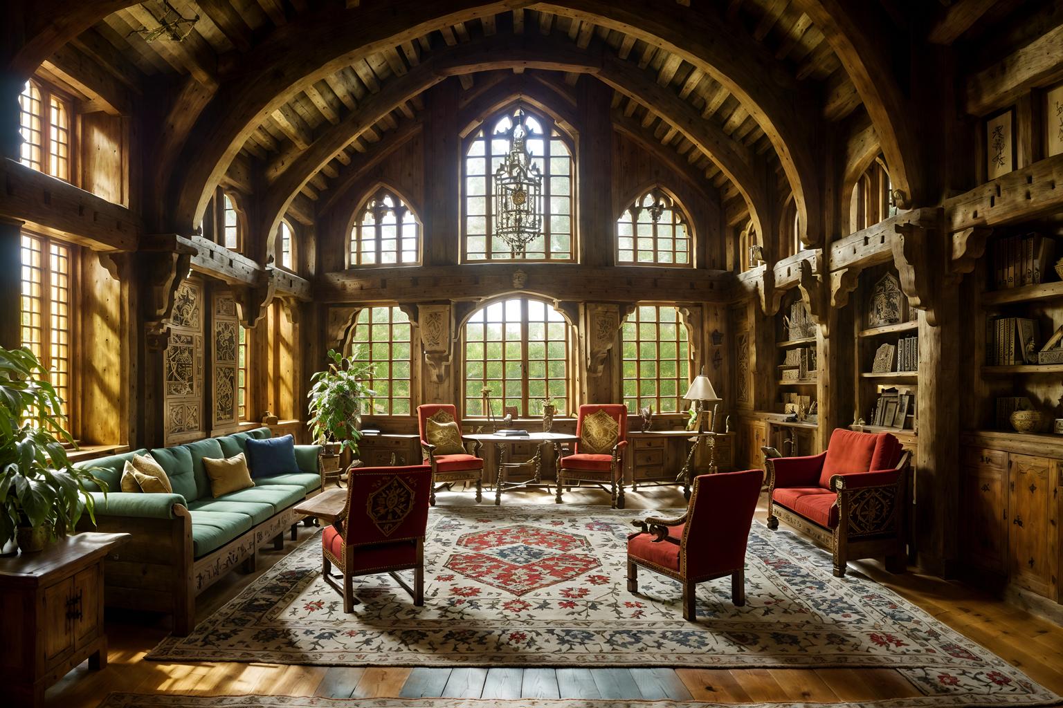 medieval-style (office interior) with plants and lounge chairs and office desks and office chairs and seating area with sofa and windows and cabinets and desk lamps. . with castle interior and stone walls and intricate wooden inlay designs and carvings and deep colors like red, gold, or blue and timber beams and heavy furniture pieces and castle interior and castle interior. . cinematic photo, highly detailed, cinematic lighting, ultra-detailed, ultrarealistic, photorealism, 8k. medieval interior design style. masterpiece, cinematic light, ultrarealistic+, photorealistic+, 8k, raw photo, realistic, sharp focus on eyes, (symmetrical eyes), (intact eyes), hyperrealistic, highest quality, best quality, , highly detailed, masterpiece, best quality, extremely detailed 8k wallpaper, masterpiece, best quality, ultra-detailed, best shadow, detailed background, detailed face, detailed eyes, high contrast, best illumination, detailed face, dulux, caustic, dynamic angle, detailed glow. dramatic lighting. highly detailed, insanely detailed hair, symmetrical, intricate details, professionally retouched, 8k high definition. strong bokeh. award winning photo.