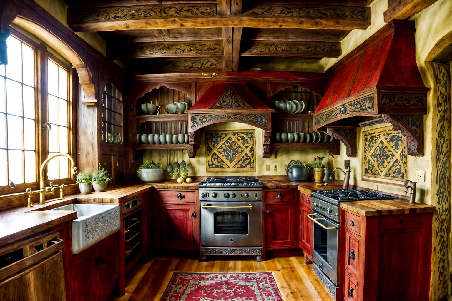 medieval-style (kitchen interior) with sink and stove and worktops and plant and kitchen cabinets and refrigerator and sink. . with deep colors like red, gold, or blue and timber beams and upholstery on chairs and sofas and carved wooden chairs and carved wooden benches and velvet, chenille, damask, and brocade draperies and fabrics and intricate wooden inlay designs and carvings and gothic appearance. . cinematic photo, highly detailed, cinematic lighting, ultra-detailed, ultrarealistic, photorealism, 8k. medieval interior design style. masterpiece, cinematic light, ultrarealistic+, photorealistic+, 8k, raw photo, realistic, sharp focus on eyes, (symmetrical eyes), (intact eyes), hyperrealistic, highest quality, best quality, , highly detailed, masterpiece, best quality, extremely detailed 8k wallpaper, masterpiece, best quality, ultra-detailed, best shadow, detailed background, detailed face, detailed eyes, high contrast, best illumination, detailed face, dulux, caustic, dynamic angle, detailed glow. dramatic lighting. highly detailed, insanely detailed hair, symmetrical, intricate details, professionally retouched, 8k high definition. strong bokeh. award winning photo.