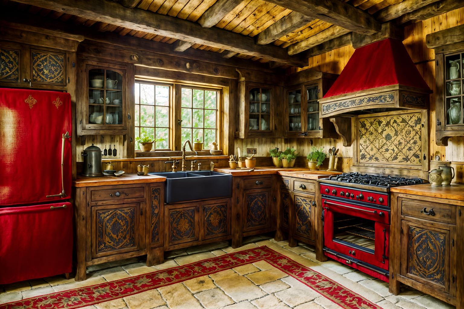 medieval-style (kitchen interior) with sink and stove and worktops and plant and kitchen cabinets and refrigerator and sink. . with deep colors like red, gold, or blue and timber beams and upholstery on chairs and sofas and carved wooden chairs and carved wooden benches and velvet, chenille, damask, and brocade draperies and fabrics and intricate wooden inlay designs and carvings and gothic appearance. . cinematic photo, highly detailed, cinematic lighting, ultra-detailed, ultrarealistic, photorealism, 8k. medieval interior design style. masterpiece, cinematic light, ultrarealistic+, photorealistic+, 8k, raw photo, realistic, sharp focus on eyes, (symmetrical eyes), (intact eyes), hyperrealistic, highest quality, best quality, , highly detailed, masterpiece, best quality, extremely detailed 8k wallpaper, masterpiece, best quality, ultra-detailed, best shadow, detailed background, detailed face, detailed eyes, high contrast, best illumination, detailed face, dulux, caustic, dynamic angle, detailed glow. dramatic lighting. highly detailed, insanely detailed hair, symmetrical, intricate details, professionally retouched, 8k high definition. strong bokeh. award winning photo.