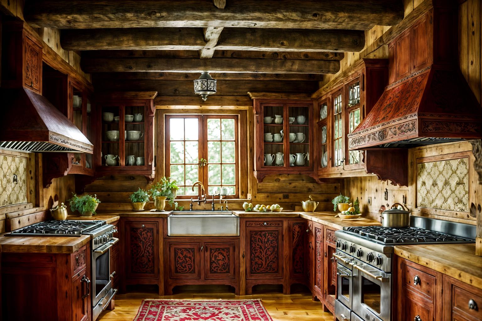 medieval-style (kitchen interior) with sink and stove and worktops and plant and kitchen cabinets and refrigerator and sink. . with deep colors like red, gold, or blue and timber beams and upholstery on chairs and sofas and carved wooden chairs and carved wooden benches and velvet, chenille, damask, and brocade draperies and fabrics and intricate wooden inlay designs and carvings and gothic appearance. . cinematic photo, highly detailed, cinematic lighting, ultra-detailed, ultrarealistic, photorealism, 8k. medieval interior design style. masterpiece, cinematic light, ultrarealistic+, photorealistic+, 8k, raw photo, realistic, sharp focus on eyes, (symmetrical eyes), (intact eyes), hyperrealistic, highest quality, best quality, , highly detailed, masterpiece, best quality, extremely detailed 8k wallpaper, masterpiece, best quality, ultra-detailed, best shadow, detailed background, detailed face, detailed eyes, high contrast, best illumination, detailed face, dulux, caustic, dynamic angle, detailed glow. dramatic lighting. highly detailed, insanely detailed hair, symmetrical, intricate details, professionally retouched, 8k high definition. strong bokeh. award winning photo.