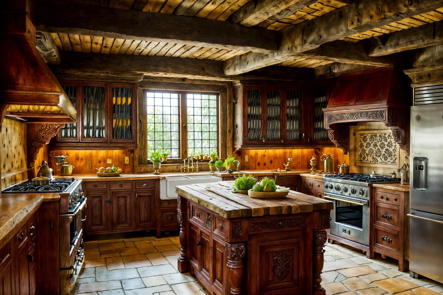 medieval-style (kitchen interior) with sink and stove and worktops and plant and kitchen cabinets and refrigerator and sink. . with deep colors like red, gold, or blue and timber beams and upholstery on chairs and sofas and carved wooden chairs and carved wooden benches and velvet, chenille, damask, and brocade draperies and fabrics and intricate wooden inlay designs and carvings and gothic appearance. . cinematic photo, highly detailed, cinematic lighting, ultra-detailed, ultrarealistic, photorealism, 8k. medieval interior design style. masterpiece, cinematic light, ultrarealistic+, photorealistic+, 8k, raw photo, realistic, sharp focus on eyes, (symmetrical eyes), (intact eyes), hyperrealistic, highest quality, best quality, , highly detailed, masterpiece, best quality, extremely detailed 8k wallpaper, masterpiece, best quality, ultra-detailed, best shadow, detailed background, detailed face, detailed eyes, high contrast, best illumination, detailed face, dulux, caustic, dynamic angle, detailed glow. dramatic lighting. highly detailed, insanely detailed hair, symmetrical, intricate details, professionally retouched, 8k high definition. strong bokeh. award winning photo.