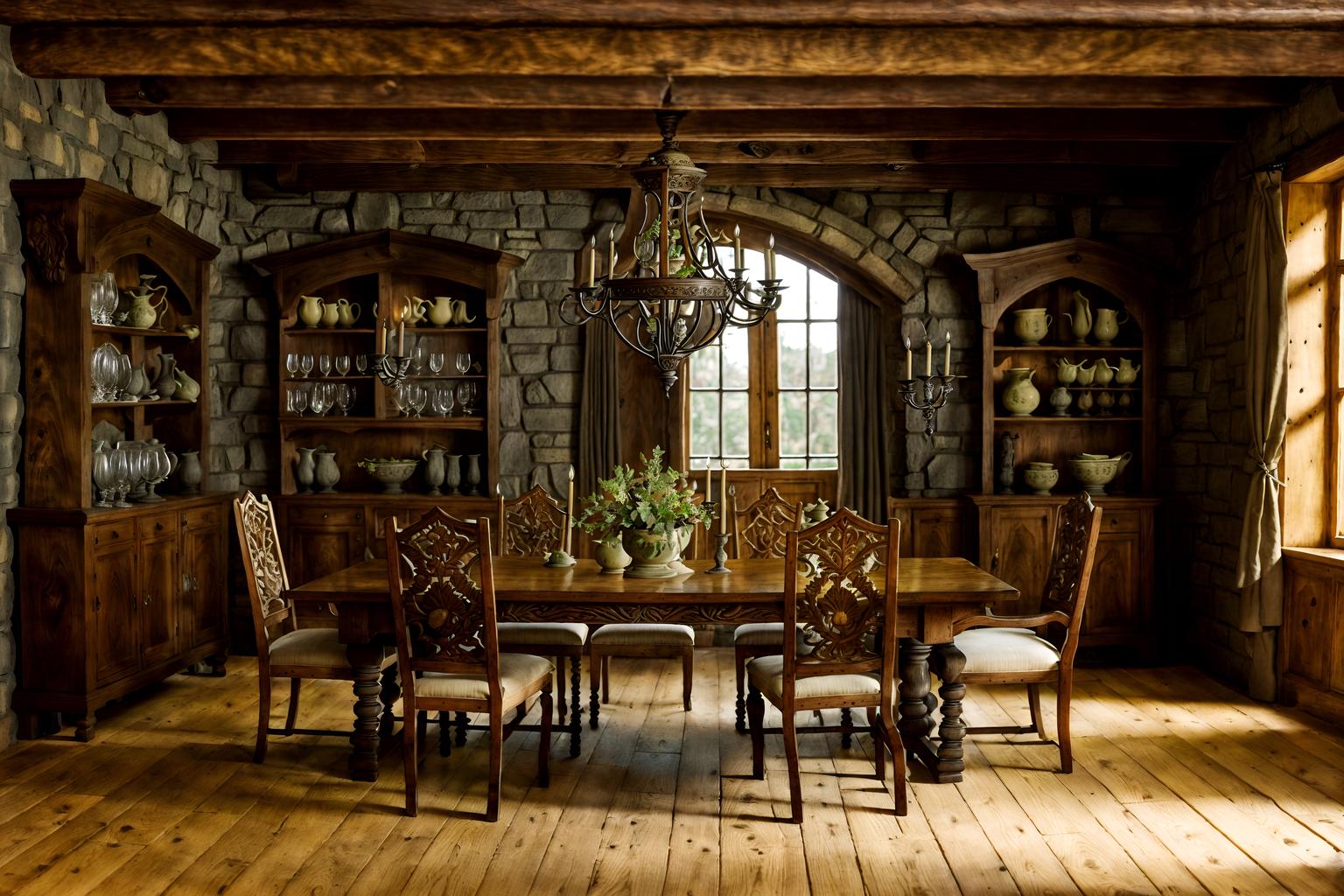 medieval-style (dining room interior) with plates, cutlery and glasses on dining table and bookshelves and plant and vase and dining table chairs and dining table and painting or photo on wall and light or chandelier. . with stone or wooden floor and castle interior and timber walls and carved wooden chairs and upholstery on chairs and sofas and castle interior and medieval shields on the wall and stone walls. . cinematic photo, highly detailed, cinematic lighting, ultra-detailed, ultrarealistic, photorealism, 8k. medieval interior design style. masterpiece, cinematic light, ultrarealistic+, photorealistic+, 8k, raw photo, realistic, sharp focus on eyes, (symmetrical eyes), (intact eyes), hyperrealistic, highest quality, best quality, , highly detailed, masterpiece, best quality, extremely detailed 8k wallpaper, masterpiece, best quality, ultra-detailed, best shadow, detailed background, detailed face, detailed eyes, high contrast, best illumination, detailed face, dulux, caustic, dynamic angle, detailed glow. dramatic lighting. highly detailed, insanely detailed hair, symmetrical, intricate details, professionally retouched, 8k high definition. strong bokeh. award winning photo.