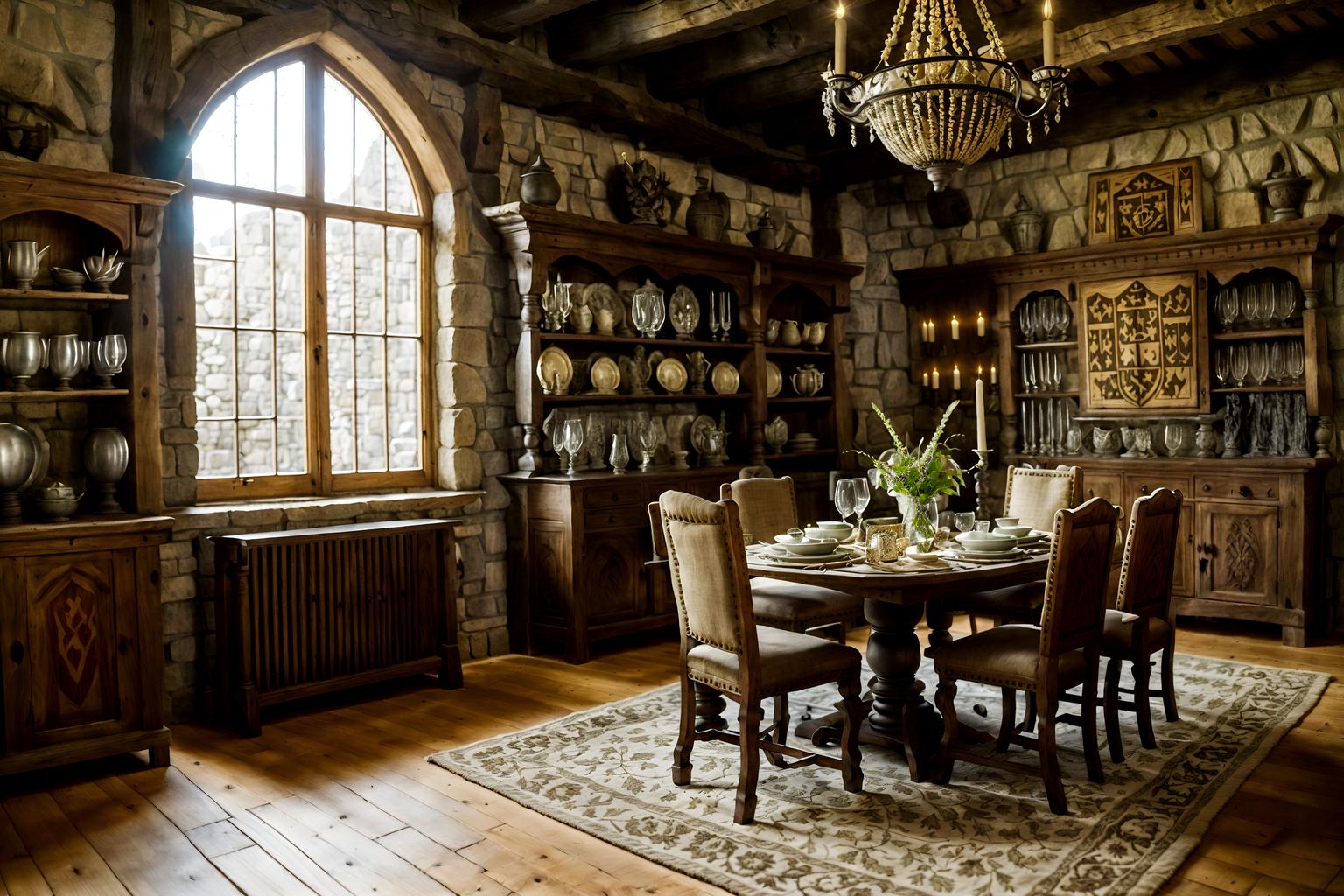 medieval-style (dining room interior) with plates, cutlery and glasses on dining table and bookshelves and plant and vase and dining table chairs and dining table and painting or photo on wall and light or chandelier. . with stone or wooden floor and castle interior and timber walls and carved wooden chairs and upholstery on chairs and sofas and castle interior and medieval shields on the wall and stone walls. . cinematic photo, highly detailed, cinematic lighting, ultra-detailed, ultrarealistic, photorealism, 8k. medieval interior design style. masterpiece, cinematic light, ultrarealistic+, photorealistic+, 8k, raw photo, realistic, sharp focus on eyes, (symmetrical eyes), (intact eyes), hyperrealistic, highest quality, best quality, , highly detailed, masterpiece, best quality, extremely detailed 8k wallpaper, masterpiece, best quality, ultra-detailed, best shadow, detailed background, detailed face, detailed eyes, high contrast, best illumination, detailed face, dulux, caustic, dynamic angle, detailed glow. dramatic lighting. highly detailed, insanely detailed hair, symmetrical, intricate details, professionally retouched, 8k high definition. strong bokeh. award winning photo.