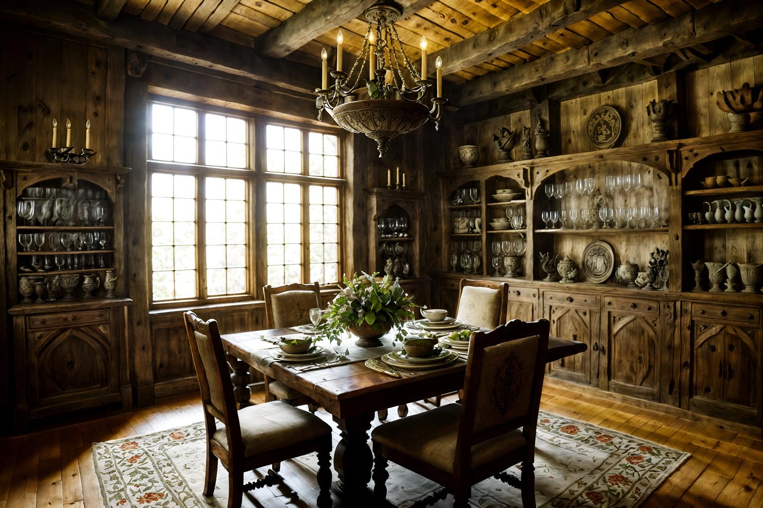 medieval-style (dining room interior) with plates, cutlery and glasses on dining table and bookshelves and plant and vase and dining table chairs and dining table and painting or photo on wall and light or chandelier. . with stone or wooden floor and castle interior and timber walls and carved wooden chairs and upholstery on chairs and sofas and castle interior and medieval shields on the wall and stone walls. . cinematic photo, highly detailed, cinematic lighting, ultra-detailed, ultrarealistic, photorealism, 8k. medieval interior design style. masterpiece, cinematic light, ultrarealistic+, photorealistic+, 8k, raw photo, realistic, sharp focus on eyes, (symmetrical eyes), (intact eyes), hyperrealistic, highest quality, best quality, , highly detailed, masterpiece, best quality, extremely detailed 8k wallpaper, masterpiece, best quality, ultra-detailed, best shadow, detailed background, detailed face, detailed eyes, high contrast, best illumination, detailed face, dulux, caustic, dynamic angle, detailed glow. dramatic lighting. highly detailed, insanely detailed hair, symmetrical, intricate details, professionally retouched, 8k high definition. strong bokeh. award winning photo.