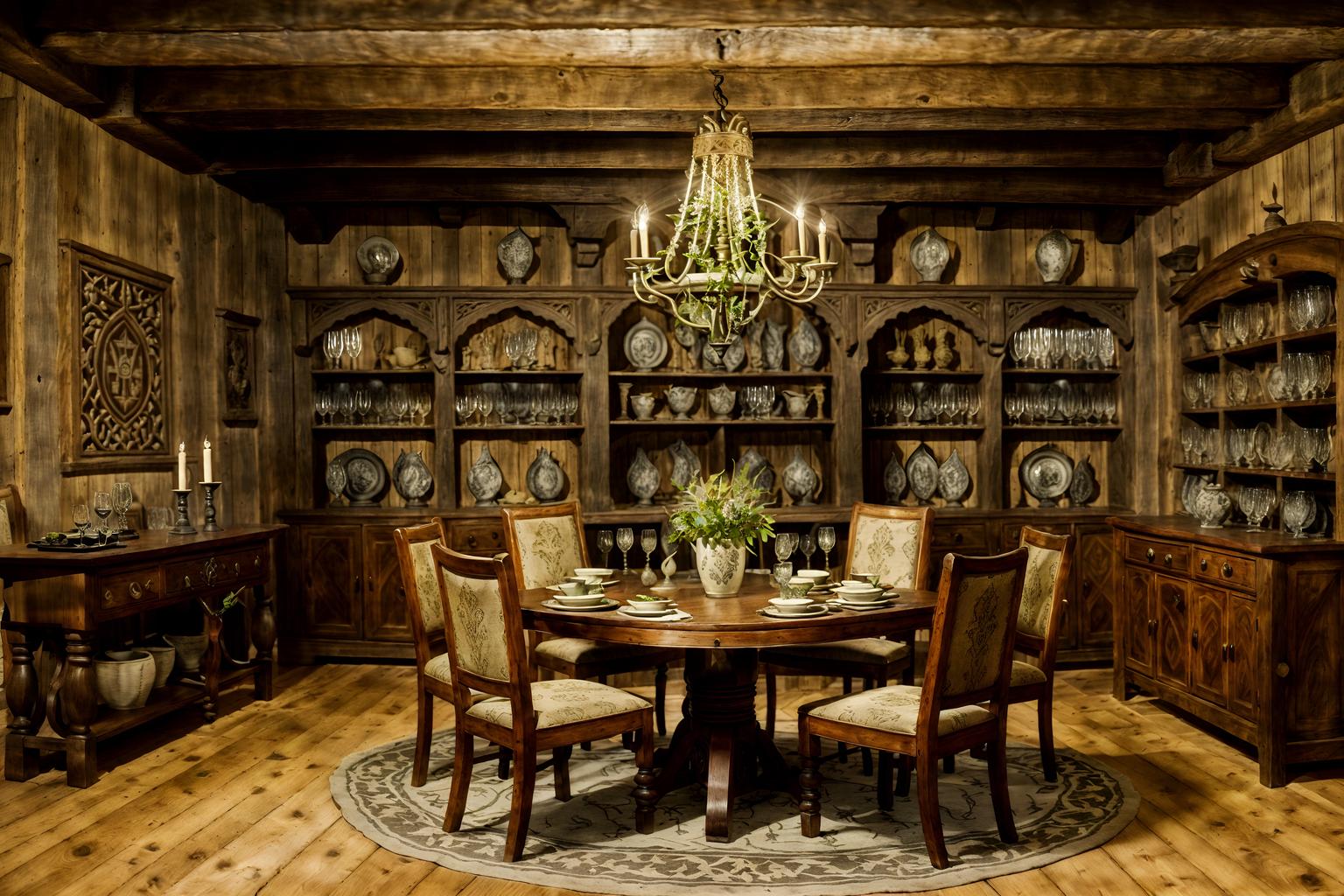 medieval-style (dining room interior) with plates, cutlery and glasses on dining table and bookshelves and plant and vase and dining table chairs and dining table and painting or photo on wall and light or chandelier. . with stone or wooden floor and castle interior and timber walls and carved wooden chairs and upholstery on chairs and sofas and castle interior and medieval shields on the wall and stone walls. . cinematic photo, highly detailed, cinematic lighting, ultra-detailed, ultrarealistic, photorealism, 8k. medieval interior design style. masterpiece, cinematic light, ultrarealistic+, photorealistic+, 8k, raw photo, realistic, sharp focus on eyes, (symmetrical eyes), (intact eyes), hyperrealistic, highest quality, best quality, , highly detailed, masterpiece, best quality, extremely detailed 8k wallpaper, masterpiece, best quality, ultra-detailed, best shadow, detailed background, detailed face, detailed eyes, high contrast, best illumination, detailed face, dulux, caustic, dynamic angle, detailed glow. dramatic lighting. highly detailed, insanely detailed hair, symmetrical, intricate details, professionally retouched, 8k high definition. strong bokeh. award winning photo.