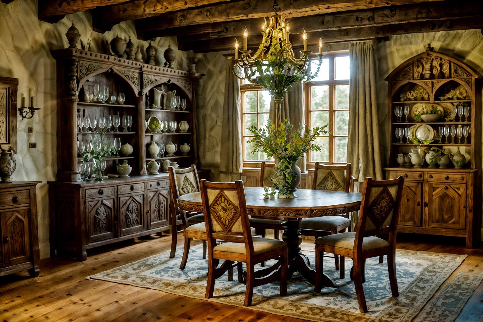 medieval-style (dining room interior) with plates, cutlery and glasses on dining table and bookshelves and plant and vase and dining table chairs and dining table and painting or photo on wall and light or chandelier. . with stone or wooden floor and castle interior and timber walls and carved wooden chairs and upholstery on chairs and sofas and castle interior and medieval shields on the wall and stone walls. . cinematic photo, highly detailed, cinematic lighting, ultra-detailed, ultrarealistic, photorealism, 8k. medieval interior design style. masterpiece, cinematic light, ultrarealistic+, photorealistic+, 8k, raw photo, realistic, sharp focus on eyes, (symmetrical eyes), (intact eyes), hyperrealistic, highest quality, best quality, , highly detailed, masterpiece, best quality, extremely detailed 8k wallpaper, masterpiece, best quality, ultra-detailed, best shadow, detailed background, detailed face, detailed eyes, high contrast, best illumination, detailed face, dulux, caustic, dynamic angle, detailed glow. dramatic lighting. highly detailed, insanely detailed hair, symmetrical, intricate details, professionally retouched, 8k high definition. strong bokeh. award winning photo.