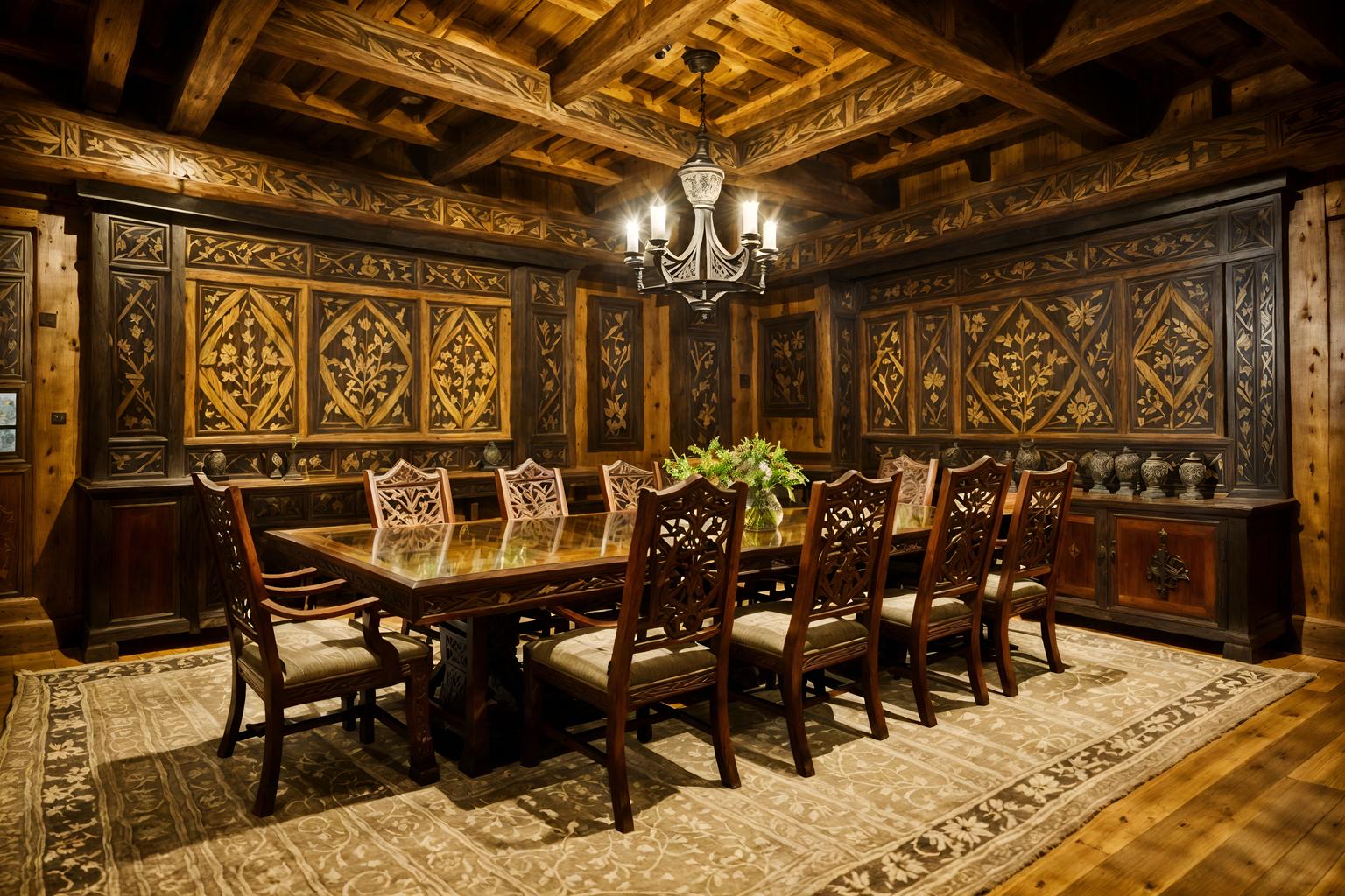 medieval-style (meeting room interior) with painting or photo on wall and boardroom table and glass walls and vase and cabinets and glass doors and office chairs and plant. . with carved wooden chairs and timber beams and carved wooden benches and stone walls and intricate wooden inlay designs and carvings and timber walls and heavy furniture pieces and medieval shields on the wall. . cinematic photo, highly detailed, cinematic lighting, ultra-detailed, ultrarealistic, photorealism, 8k. medieval interior design style. masterpiece, cinematic light, ultrarealistic+, photorealistic+, 8k, raw photo, realistic, sharp focus on eyes, (symmetrical eyes), (intact eyes), hyperrealistic, highest quality, best quality, , highly detailed, masterpiece, best quality, extremely detailed 8k wallpaper, masterpiece, best quality, ultra-detailed, best shadow, detailed background, detailed face, detailed eyes, high contrast, best illumination, detailed face, dulux, caustic, dynamic angle, detailed glow. dramatic lighting. highly detailed, insanely detailed hair, symmetrical, intricate details, professionally retouched, 8k high definition. strong bokeh. award winning photo.