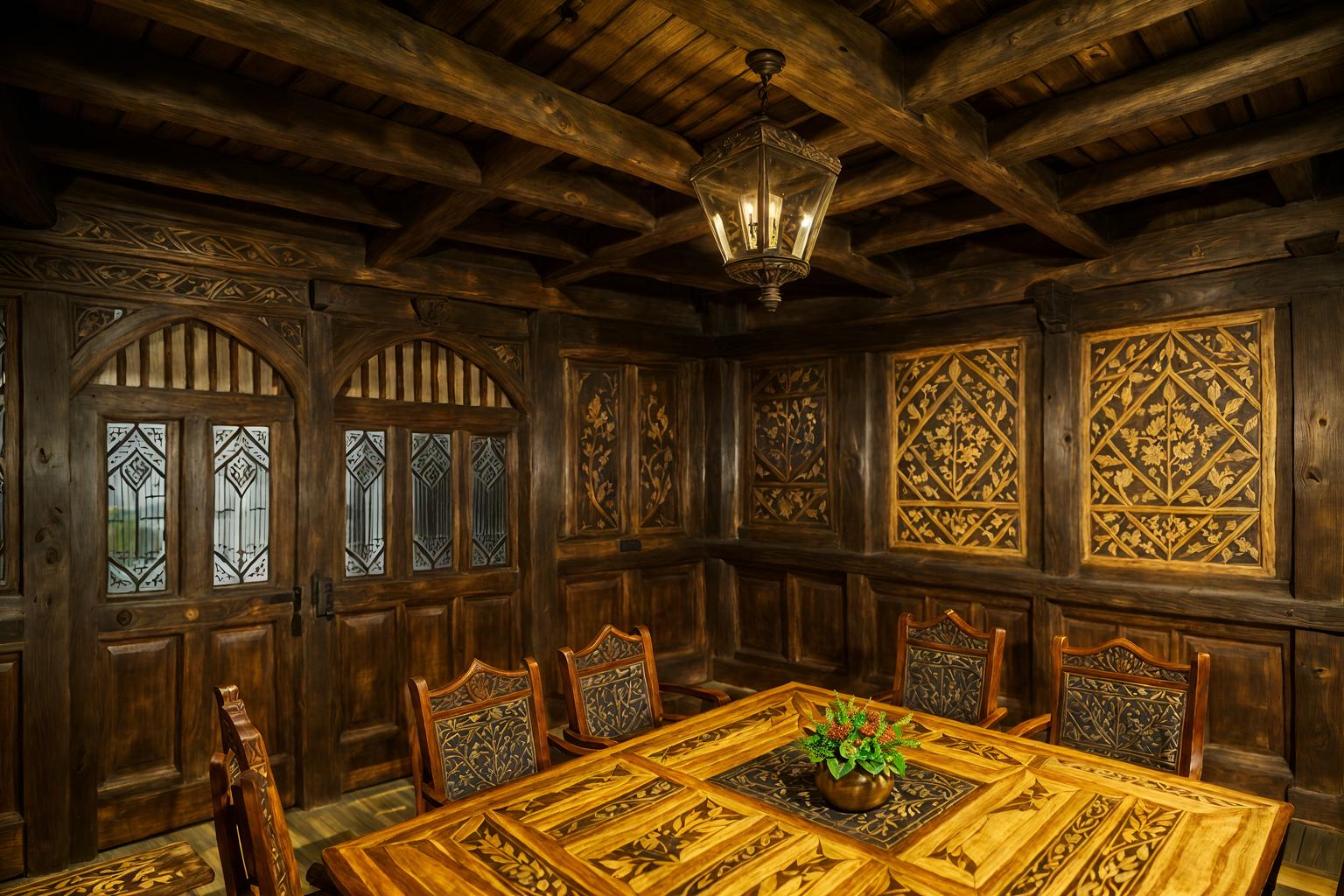 medieval-style (meeting room interior) with painting or photo on wall and boardroom table and glass walls and vase and cabinets and glass doors and office chairs and plant. . with carved wooden chairs and timber beams and carved wooden benches and stone walls and intricate wooden inlay designs and carvings and timber walls and heavy furniture pieces and medieval shields on the wall. . cinematic photo, highly detailed, cinematic lighting, ultra-detailed, ultrarealistic, photorealism, 8k. medieval interior design style. masterpiece, cinematic light, ultrarealistic+, photorealistic+, 8k, raw photo, realistic, sharp focus on eyes, (symmetrical eyes), (intact eyes), hyperrealistic, highest quality, best quality, , highly detailed, masterpiece, best quality, extremely detailed 8k wallpaper, masterpiece, best quality, ultra-detailed, best shadow, detailed background, detailed face, detailed eyes, high contrast, best illumination, detailed face, dulux, caustic, dynamic angle, detailed glow. dramatic lighting. highly detailed, insanely detailed hair, symmetrical, intricate details, professionally retouched, 8k high definition. strong bokeh. award winning photo.