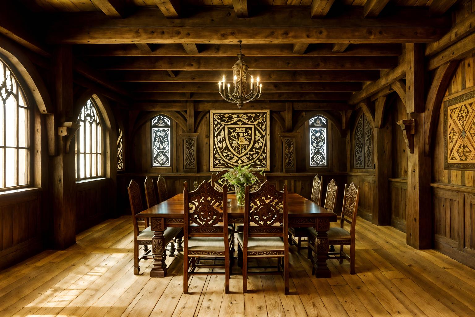 medieval-style (meeting room interior) with painting or photo on wall and boardroom table and glass walls and vase and cabinets and glass doors and office chairs and plant. . with carved wooden chairs and timber beams and carved wooden benches and stone walls and intricate wooden inlay designs and carvings and timber walls and heavy furniture pieces and medieval shields on the wall. . cinematic photo, highly detailed, cinematic lighting, ultra-detailed, ultrarealistic, photorealism, 8k. medieval interior design style. masterpiece, cinematic light, ultrarealistic+, photorealistic+, 8k, raw photo, realistic, sharp focus on eyes, (symmetrical eyes), (intact eyes), hyperrealistic, highest quality, best quality, , highly detailed, masterpiece, best quality, extremely detailed 8k wallpaper, masterpiece, best quality, ultra-detailed, best shadow, detailed background, detailed face, detailed eyes, high contrast, best illumination, detailed face, dulux, caustic, dynamic angle, detailed glow. dramatic lighting. highly detailed, insanely detailed hair, symmetrical, intricate details, professionally retouched, 8k high definition. strong bokeh. award winning photo.