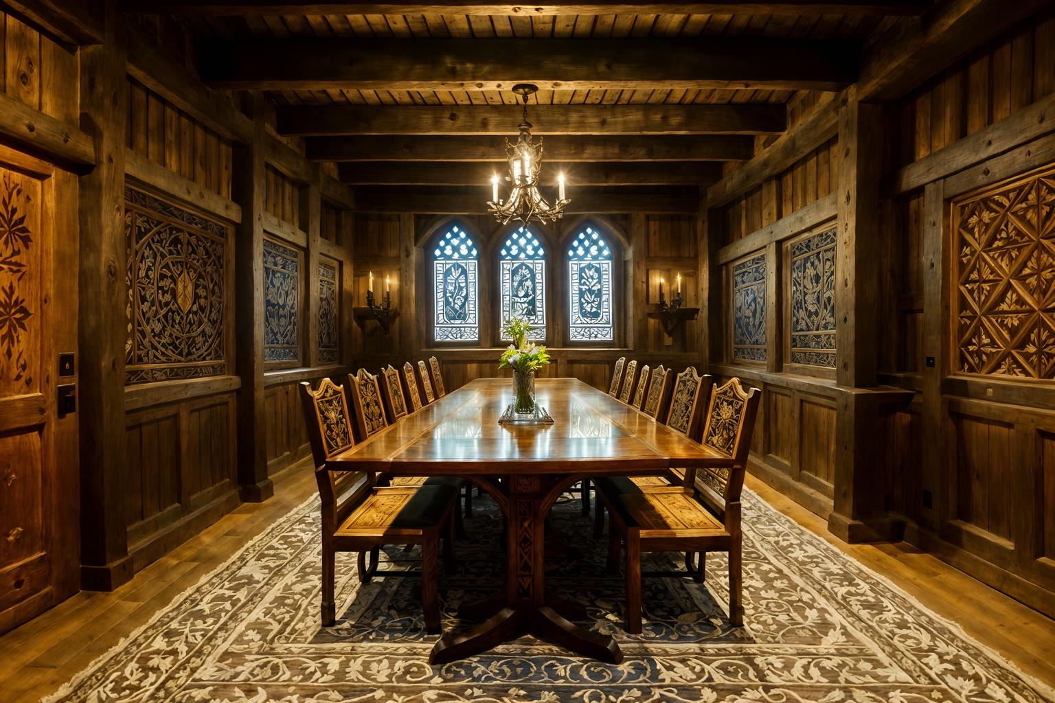 medieval-style (meeting room interior) with painting or photo on wall and boardroom table and glass walls and vase and cabinets and glass doors and office chairs and plant. . with carved wooden chairs and timber beams and carved wooden benches and stone walls and intricate wooden inlay designs and carvings and timber walls and heavy furniture pieces and medieval shields on the wall. . cinematic photo, highly detailed, cinematic lighting, ultra-detailed, ultrarealistic, photorealism, 8k. medieval interior design style. masterpiece, cinematic light, ultrarealistic+, photorealistic+, 8k, raw photo, realistic, sharp focus on eyes, (symmetrical eyes), (intact eyes), hyperrealistic, highest quality, best quality, , highly detailed, masterpiece, best quality, extremely detailed 8k wallpaper, masterpiece, best quality, ultra-detailed, best shadow, detailed background, detailed face, detailed eyes, high contrast, best illumination, detailed face, dulux, caustic, dynamic angle, detailed glow. dramatic lighting. highly detailed, insanely detailed hair, symmetrical, intricate details, professionally retouched, 8k high definition. strong bokeh. award winning photo.