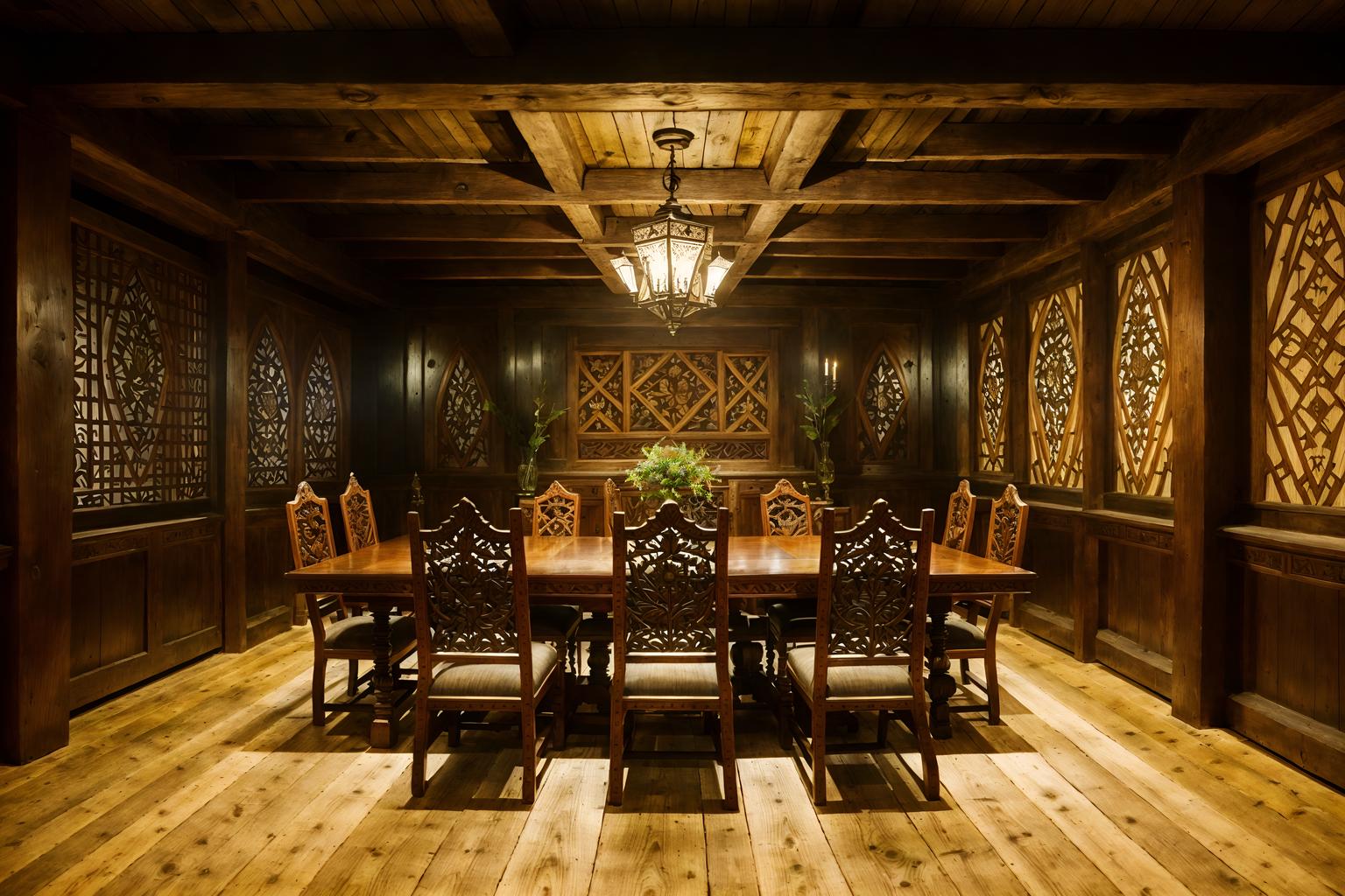 medieval-style (meeting room interior) with painting or photo on wall and boardroom table and glass walls and vase and cabinets and glass doors and office chairs and plant. . with carved wooden chairs and timber beams and carved wooden benches and stone walls and intricate wooden inlay designs and carvings and timber walls and heavy furniture pieces and medieval shields on the wall. . cinematic photo, highly detailed, cinematic lighting, ultra-detailed, ultrarealistic, photorealism, 8k. medieval interior design style. masterpiece, cinematic light, ultrarealistic+, photorealistic+, 8k, raw photo, realistic, sharp focus on eyes, (symmetrical eyes), (intact eyes), hyperrealistic, highest quality, best quality, , highly detailed, masterpiece, best quality, extremely detailed 8k wallpaper, masterpiece, best quality, ultra-detailed, best shadow, detailed background, detailed face, detailed eyes, high contrast, best illumination, detailed face, dulux, caustic, dynamic angle, detailed glow. dramatic lighting. highly detailed, insanely detailed hair, symmetrical, intricate details, professionally retouched, 8k high definition. strong bokeh. award winning photo.