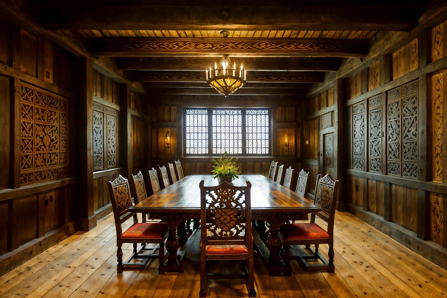 medieval-style (meeting room interior) with painting or photo on wall and boardroom table and glass walls and vase and cabinets and glass doors and office chairs and plant. . with carved wooden chairs and timber beams and carved wooden benches and stone walls and intricate wooden inlay designs and carvings and timber walls and heavy furniture pieces and medieval shields on the wall. . cinematic photo, highly detailed, cinematic lighting, ultra-detailed, ultrarealistic, photorealism, 8k. medieval interior design style. masterpiece, cinematic light, ultrarealistic+, photorealistic+, 8k, raw photo, realistic, sharp focus on eyes, (symmetrical eyes), (intact eyes), hyperrealistic, highest quality, best quality, , highly detailed, masterpiece, best quality, extremely detailed 8k wallpaper, masterpiece, best quality, ultra-detailed, best shadow, detailed background, detailed face, detailed eyes, high contrast, best illumination, detailed face, dulux, caustic, dynamic angle, detailed glow. dramatic lighting. highly detailed, insanely detailed hair, symmetrical, intricate details, professionally retouched, 8k high definition. strong bokeh. award winning photo.