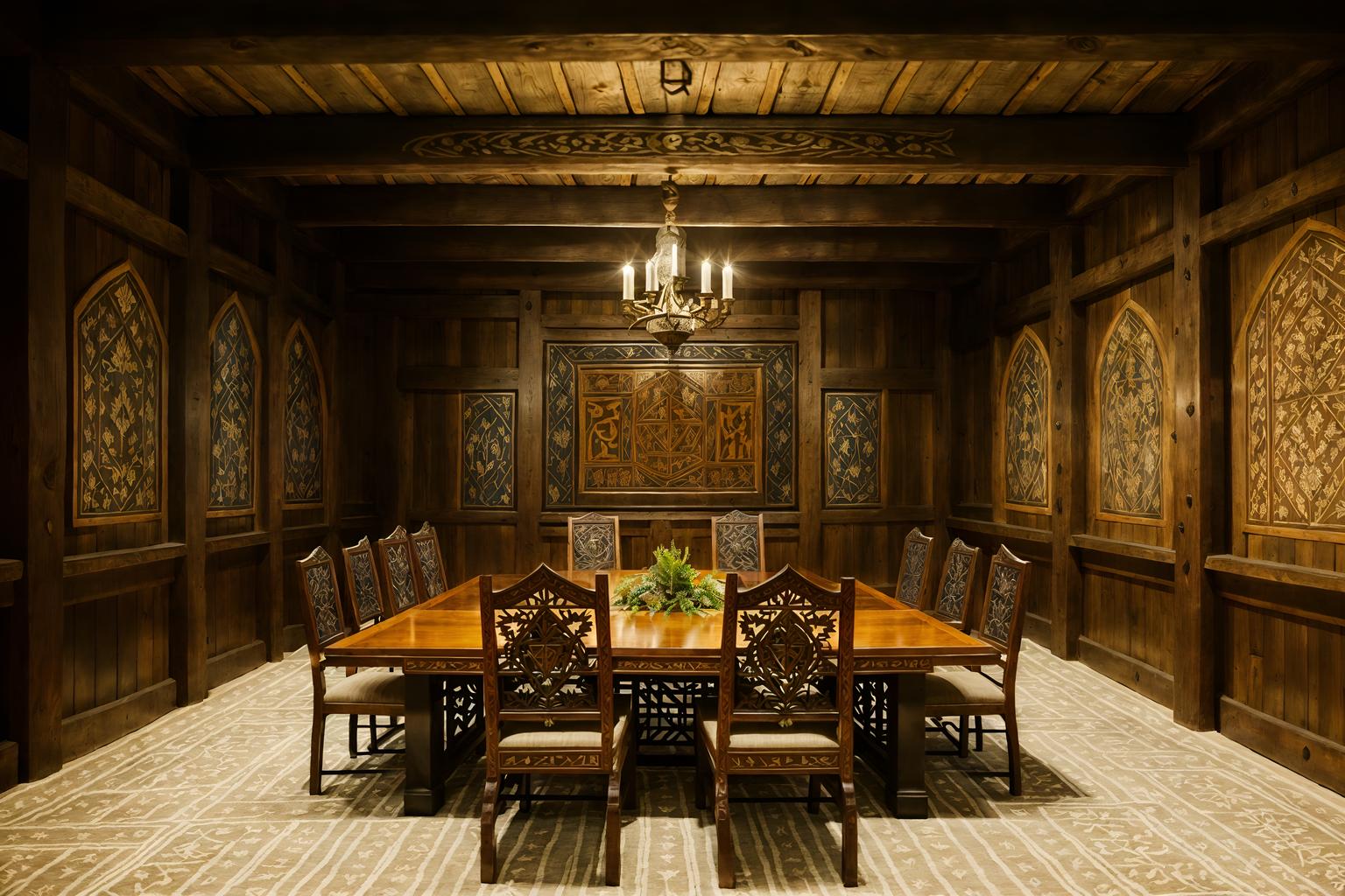 medieval-style (meeting room interior) with painting or photo on wall and boardroom table and glass walls and vase and cabinets and glass doors and office chairs and plant. . with carved wooden chairs and timber beams and carved wooden benches and stone walls and intricate wooden inlay designs and carvings and timber walls and heavy furniture pieces and medieval shields on the wall. . cinematic photo, highly detailed, cinematic lighting, ultra-detailed, ultrarealistic, photorealism, 8k. medieval interior design style. masterpiece, cinematic light, ultrarealistic+, photorealistic+, 8k, raw photo, realistic, sharp focus on eyes, (symmetrical eyes), (intact eyes), hyperrealistic, highest quality, best quality, , highly detailed, masterpiece, best quality, extremely detailed 8k wallpaper, masterpiece, best quality, ultra-detailed, best shadow, detailed background, detailed face, detailed eyes, high contrast, best illumination, detailed face, dulux, caustic, dynamic angle, detailed glow. dramatic lighting. highly detailed, insanely detailed hair, symmetrical, intricate details, professionally retouched, 8k high definition. strong bokeh. award winning photo.