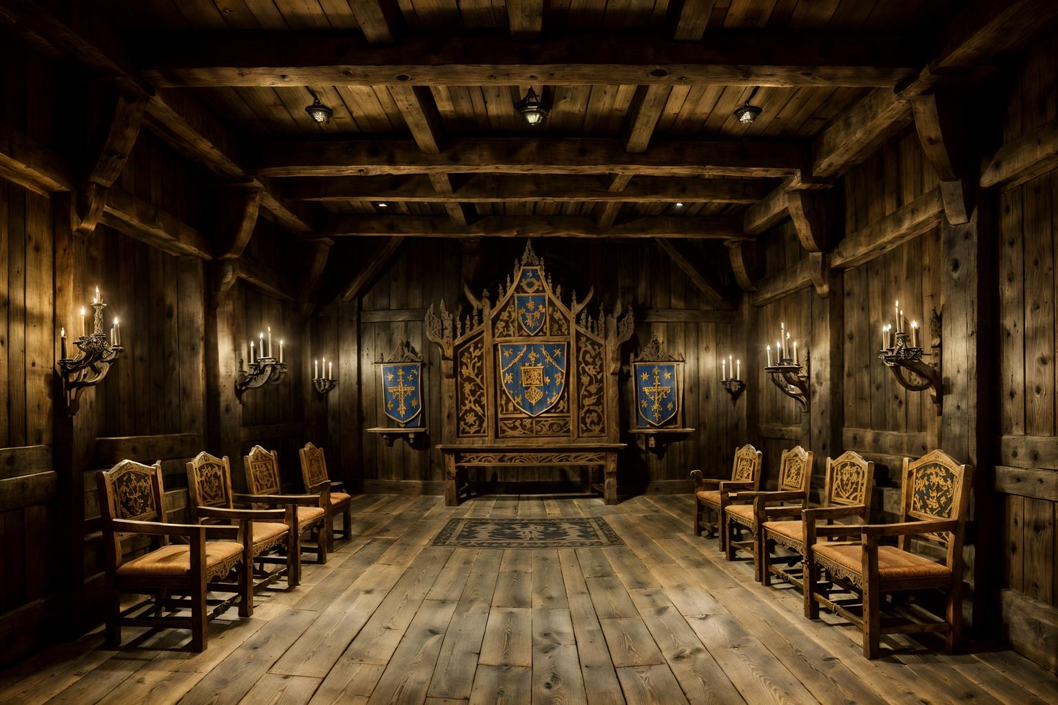medieval-style (exhibition space interior) . with carved wooden chairs and medieval shields on the wall and heavy furniture pieces and timber beams and castle interior and stone or wooden floor and gothic appearance and carved wooden benches. . cinematic photo, highly detailed, cinematic lighting, ultra-detailed, ultrarealistic, photorealism, 8k. medieval interior design style. masterpiece, cinematic light, ultrarealistic+, photorealistic+, 8k, raw photo, realistic, sharp focus on eyes, (symmetrical eyes), (intact eyes), hyperrealistic, highest quality, best quality, , highly detailed, masterpiece, best quality, extremely detailed 8k wallpaper, masterpiece, best quality, ultra-detailed, best shadow, detailed background, detailed face, detailed eyes, high contrast, best illumination, detailed face, dulux, caustic, dynamic angle, detailed glow. dramatic lighting. highly detailed, insanely detailed hair, symmetrical, intricate details, professionally retouched, 8k high definition. strong bokeh. award winning photo.